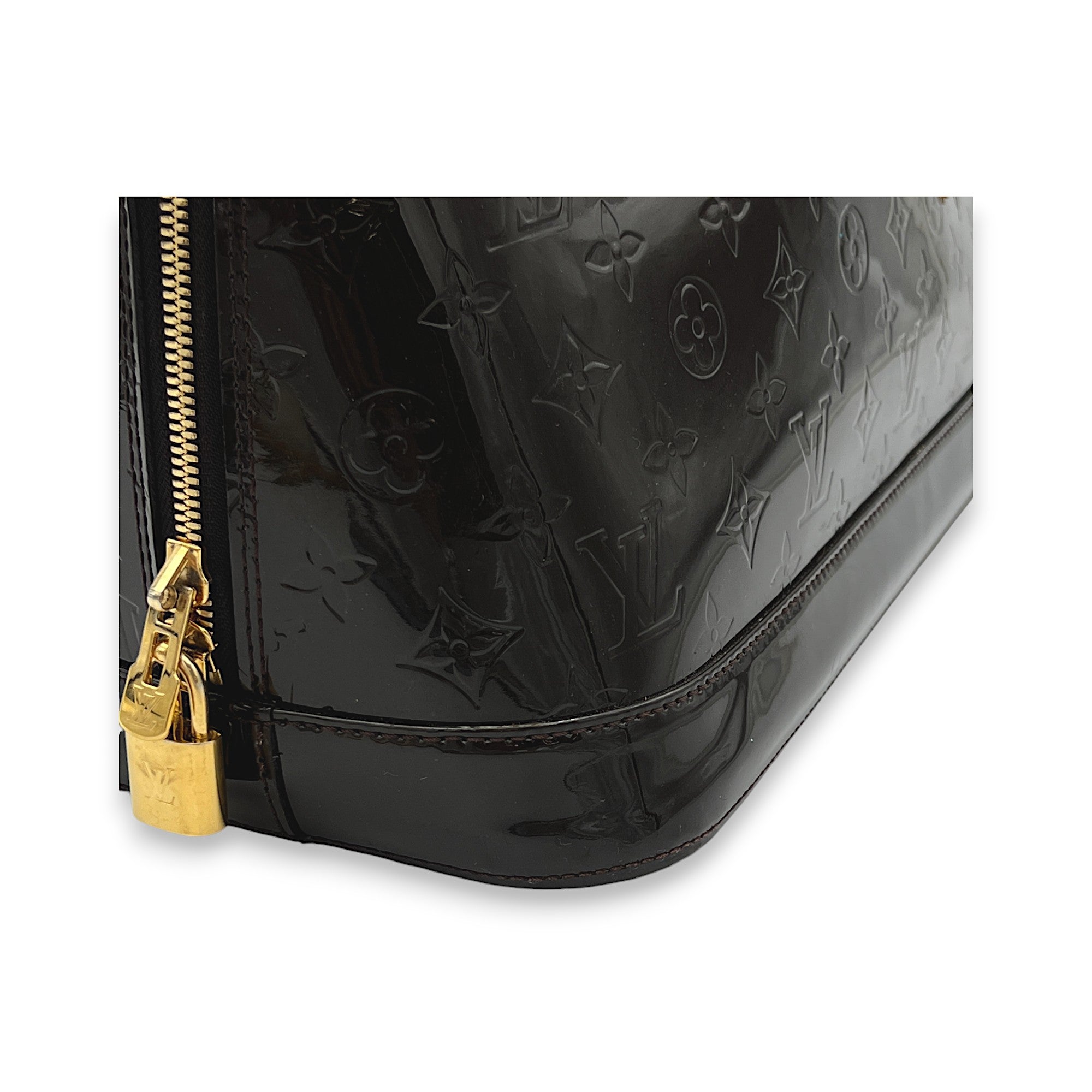 Alma GM Brown Top Handle Bag in Patent Leather, Gold hardware