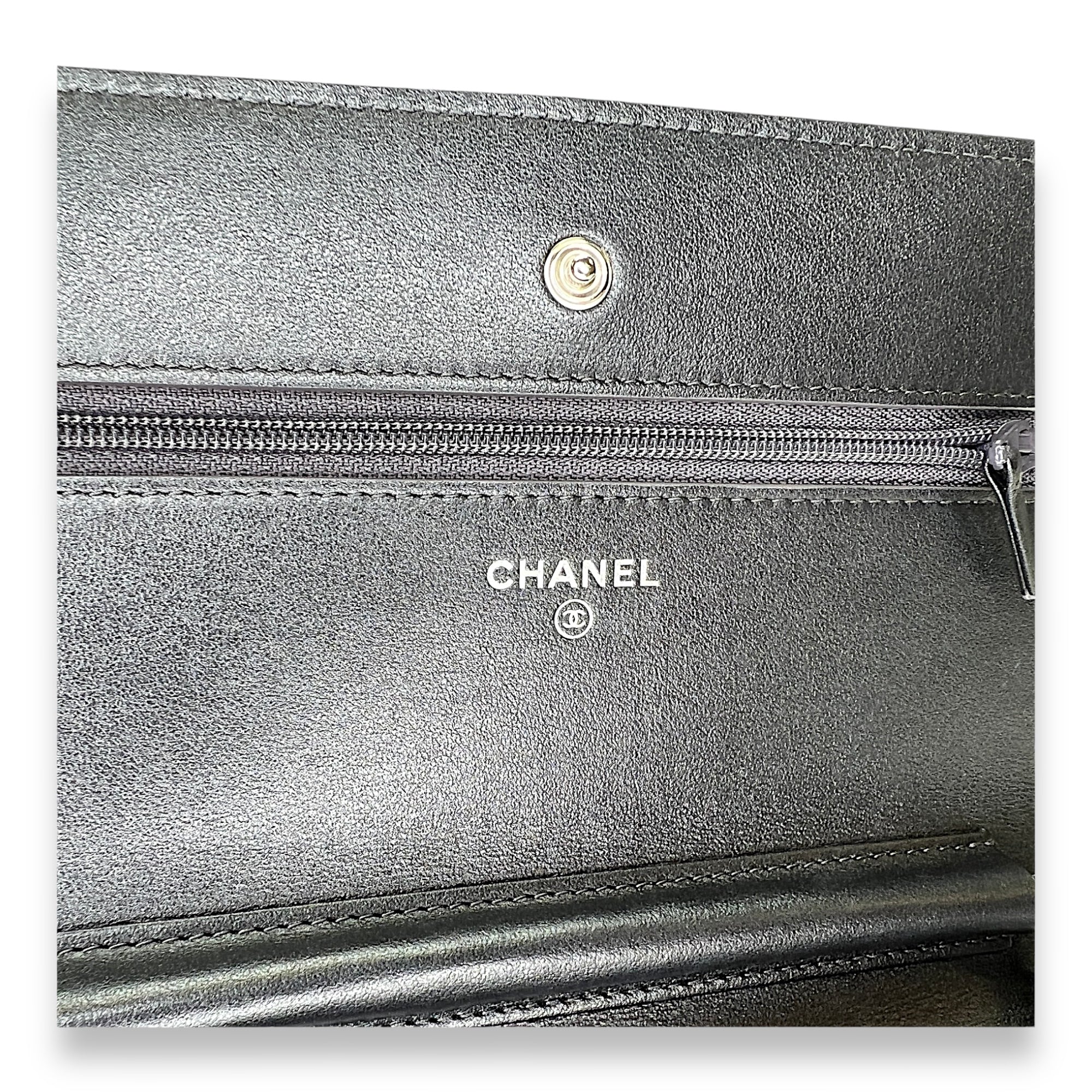 Classic Grey Wallet on Chain in Calfskin, Gunmetal hardware