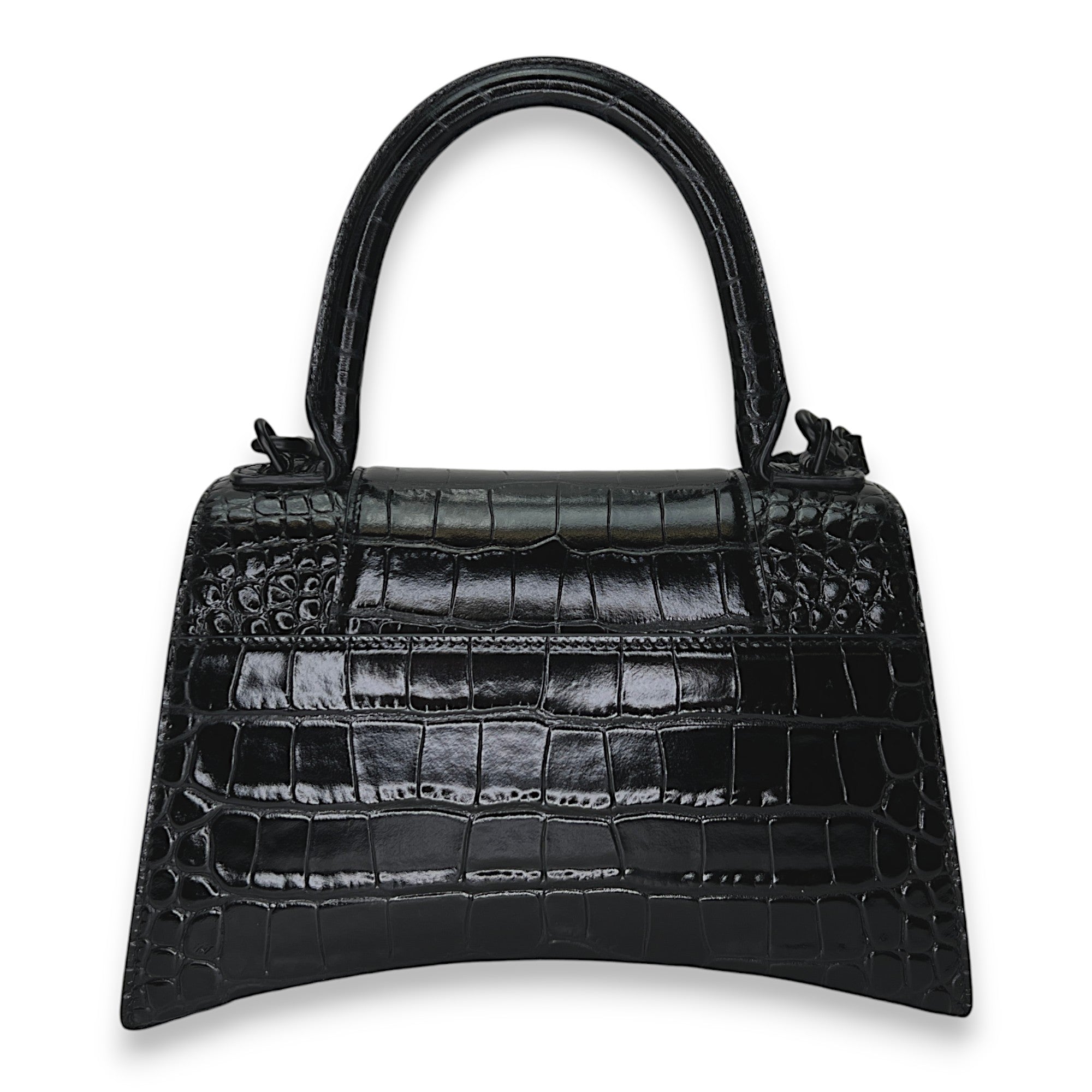 Hourglass Small Black Top Handle Bag in Crocodile Embossed Calfskin