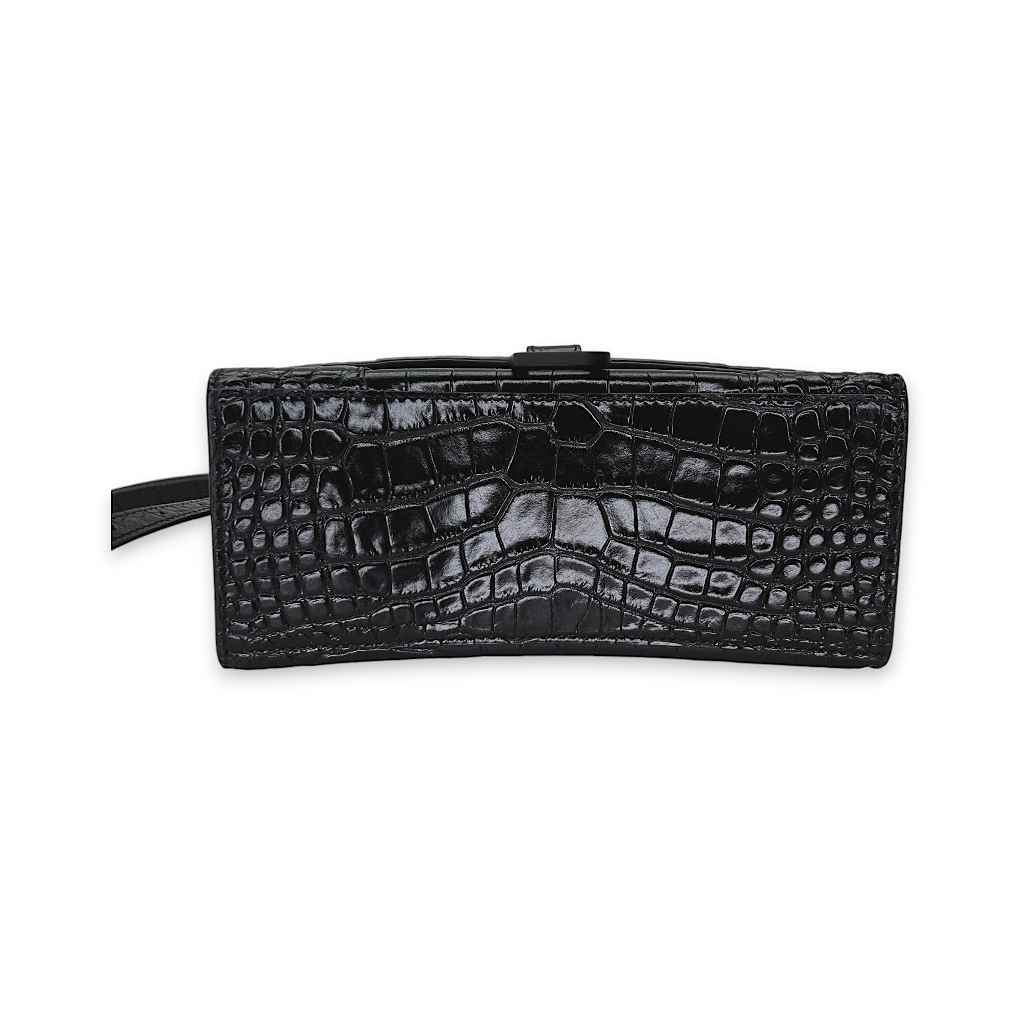 Hourglass Small Black Top Handle Bag in Crocodile Embossed Calfskin