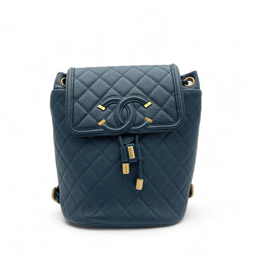 Filigree Blue Backpack in Caviar Leather, Brushed Gold hardware