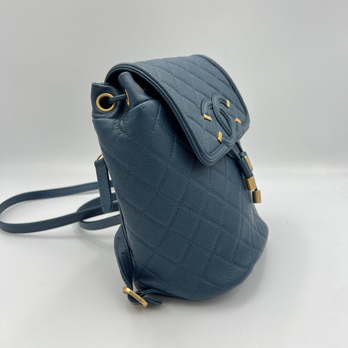 Filigree Blue Backpack in Caviar Leather, Brushed Gold hardware