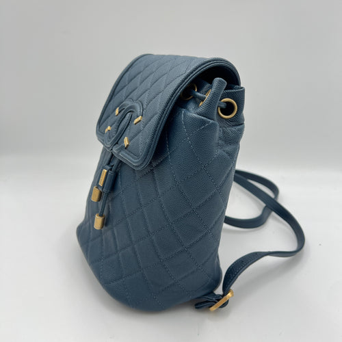 Filigree Blue Backpack in Caviar Leather, Brushed Gold hardware