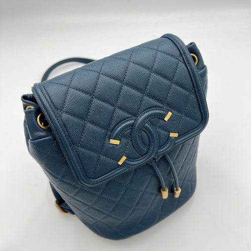 Filigree Blue Backpack in Caviar Leather, Brushed Gold hardware