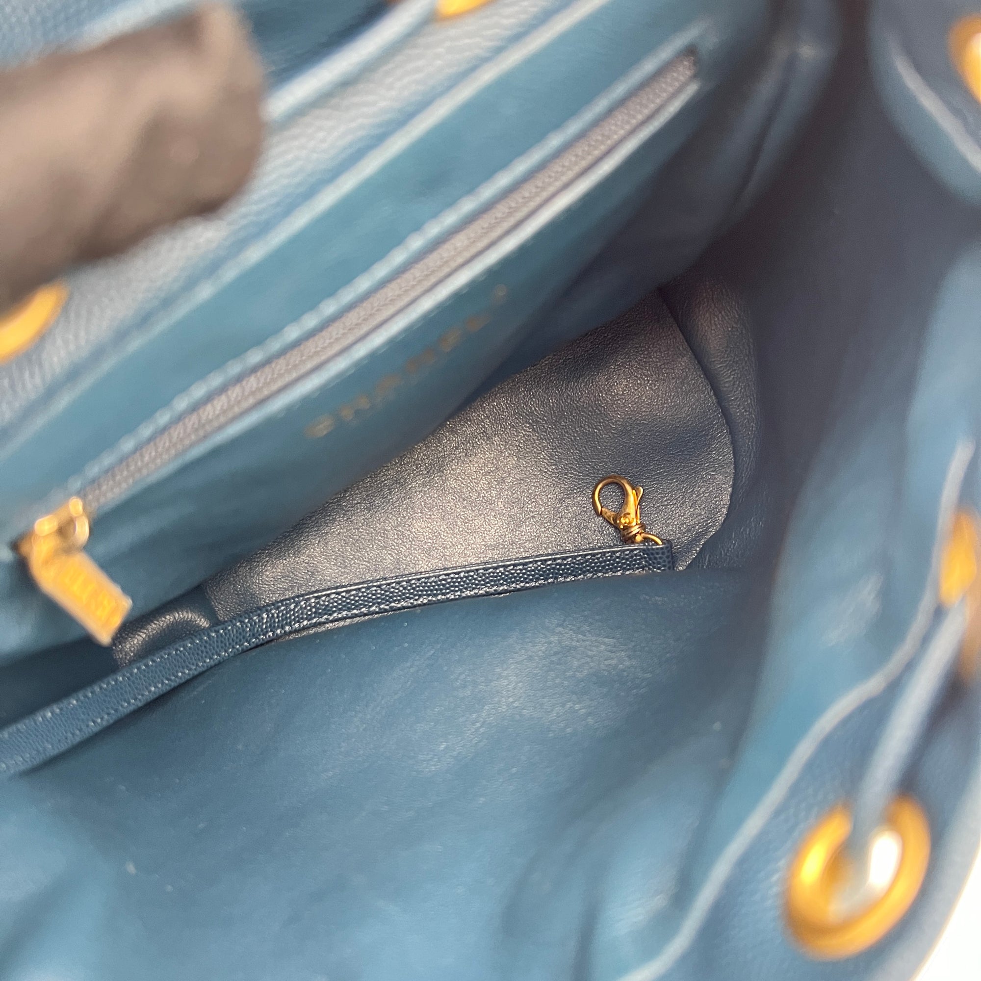 Filigree Blue Backpack in Caviar Leather, Brushed Gold hardware