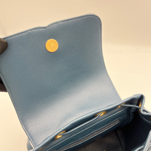 Filigree Blue Backpack in Caviar Leather, Brushed Gold hardware