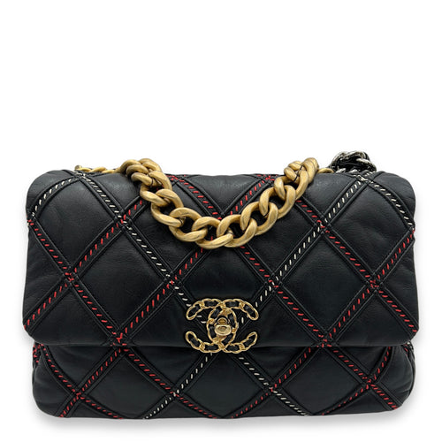 19 Flap Large Black Shoulder Bag in Lambskin, Gold hardware