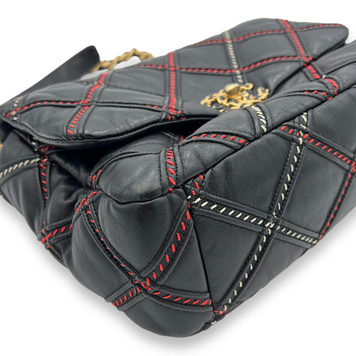 19 Flap Large Black Shoulder Bag in Lambskin, Gold hardware