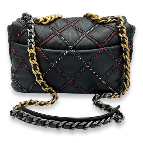 19 Flap Large Black Shoulder Bag in Lambskin, Gold hardware