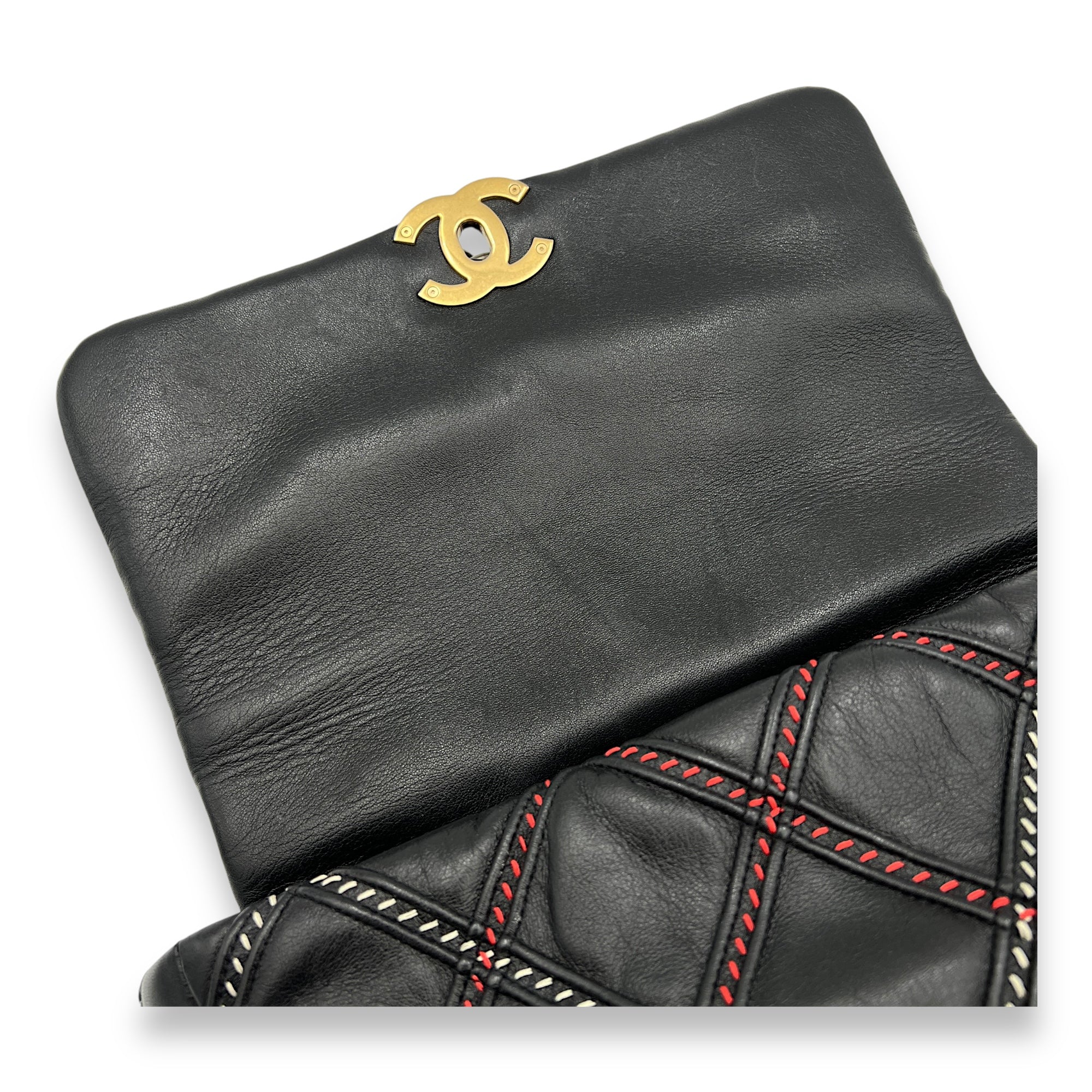 19 Flap Large Black Shoulder Bag in Lambskin, Gold hardware