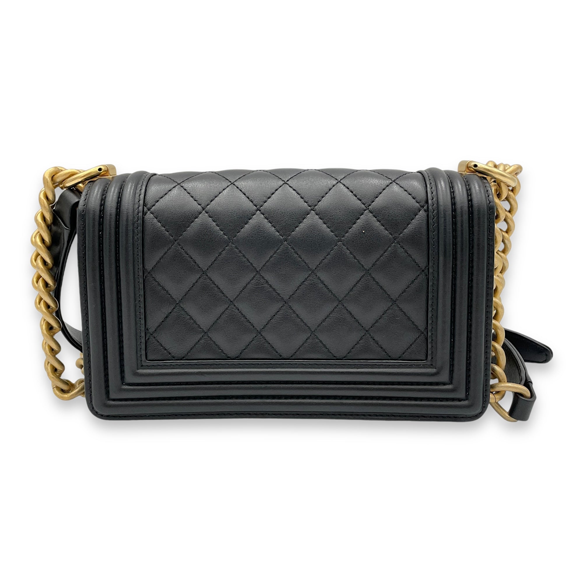 Boy Small Black Crossbody Bag in Calfskin, Brushed Gold hardware