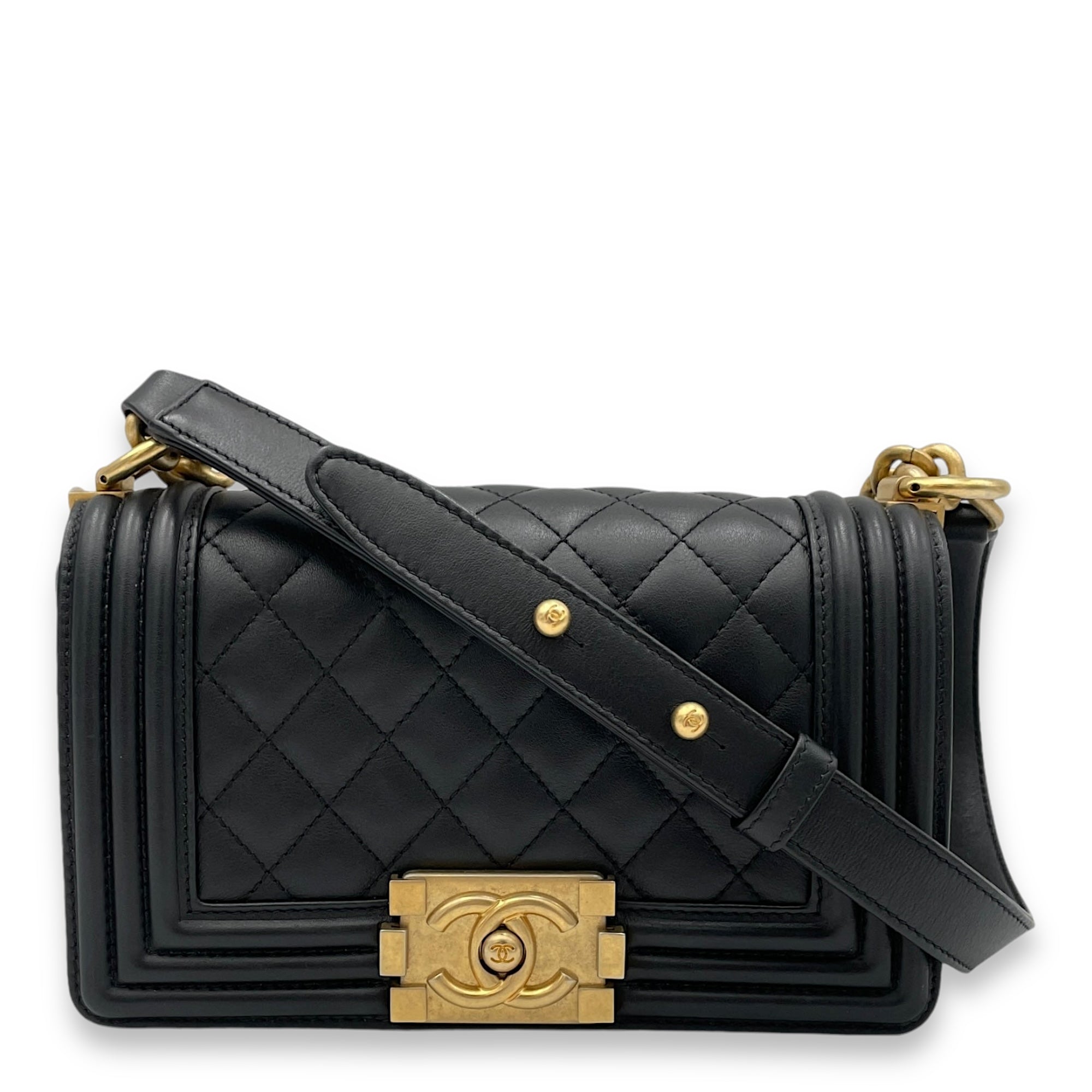 Boy Small Black Crossbody Bag in Calfskin, Brushed Gold hardware