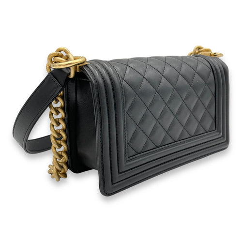 Boy Small Black Crossbody Bag in Calfskin, Brushed Gold hardware