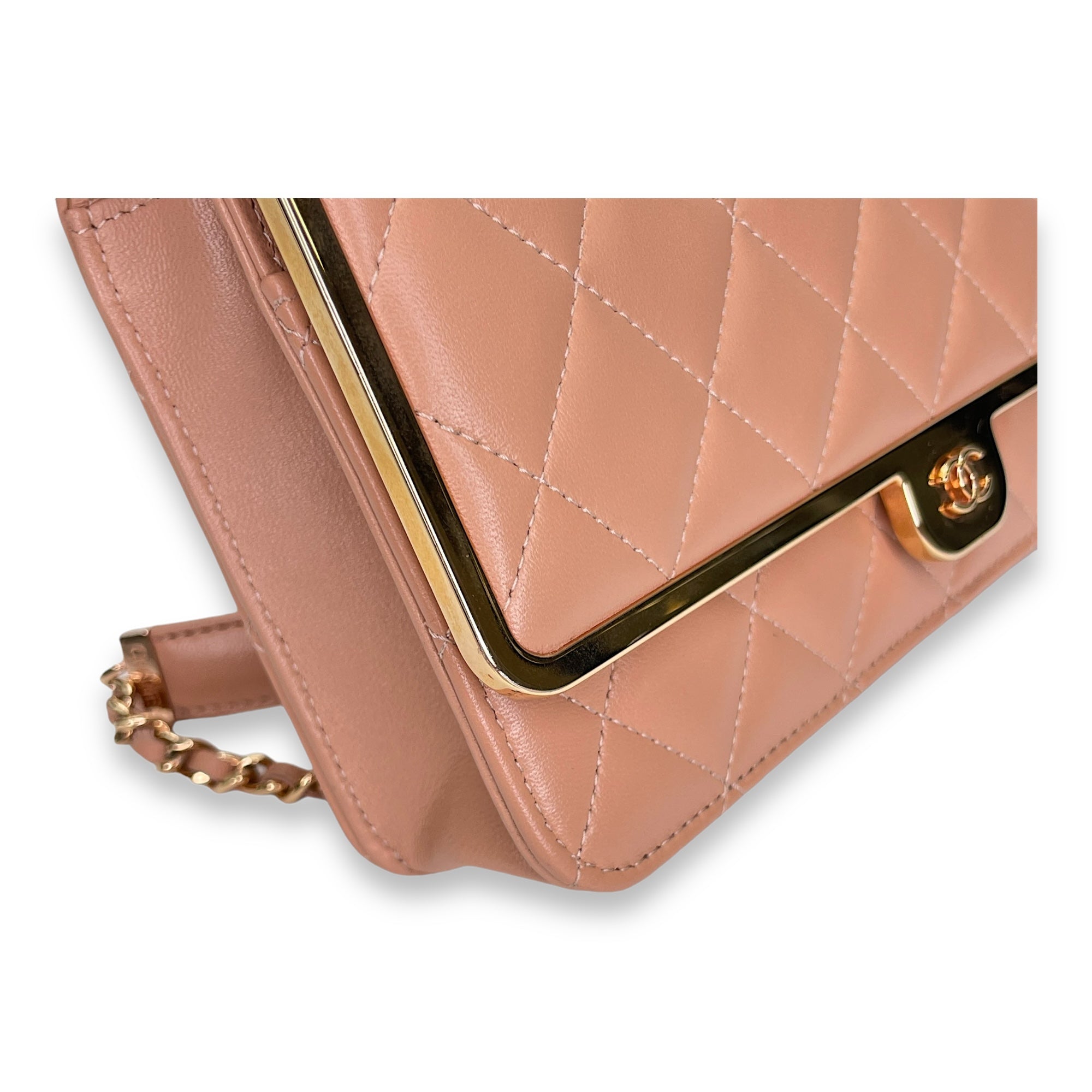 Quilted Frame Pink Wallet on Chain in Lambskin, Rose Gold hardware