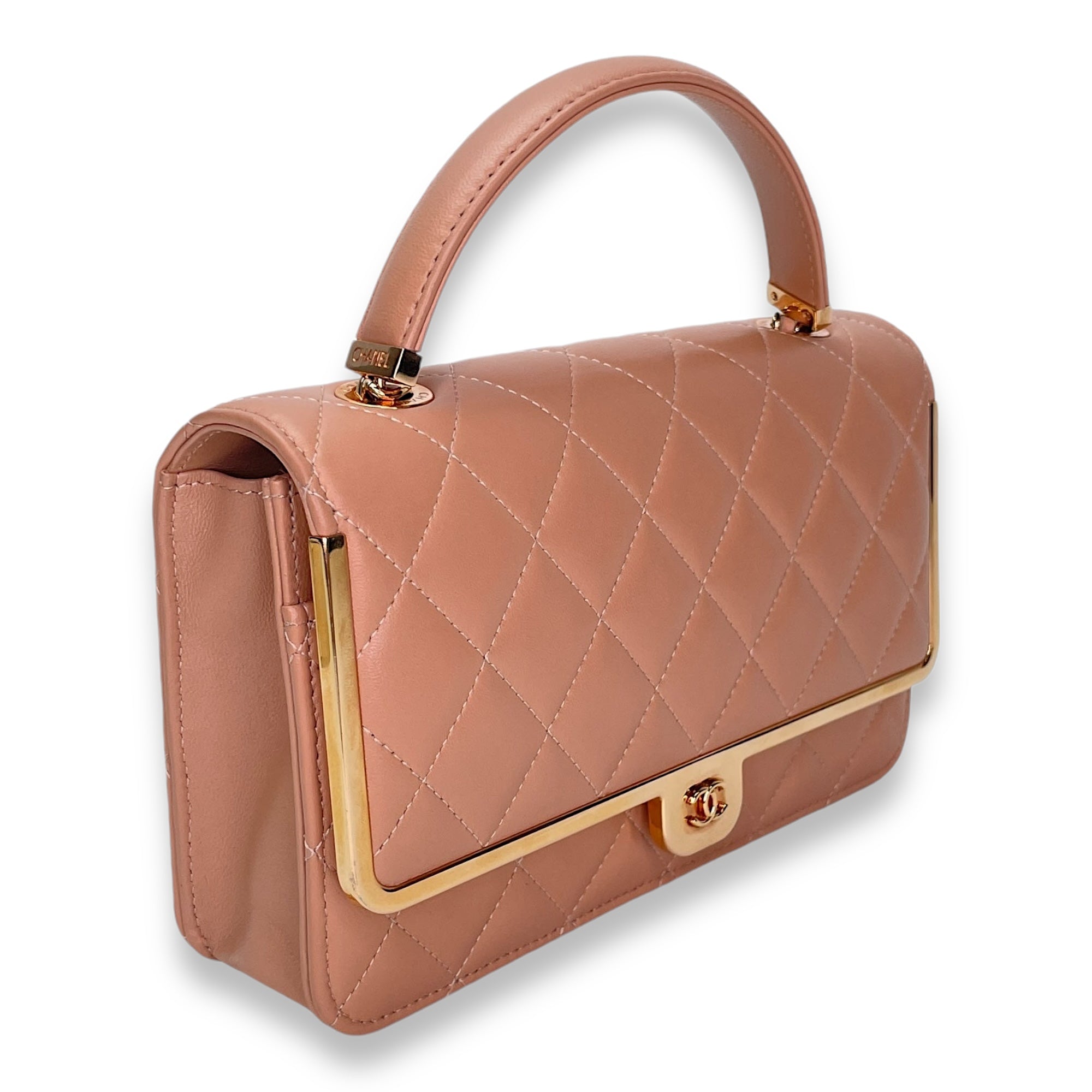 Quilted Frame Pink Wallet on Chain in Lambskin, Rose Gold hardware