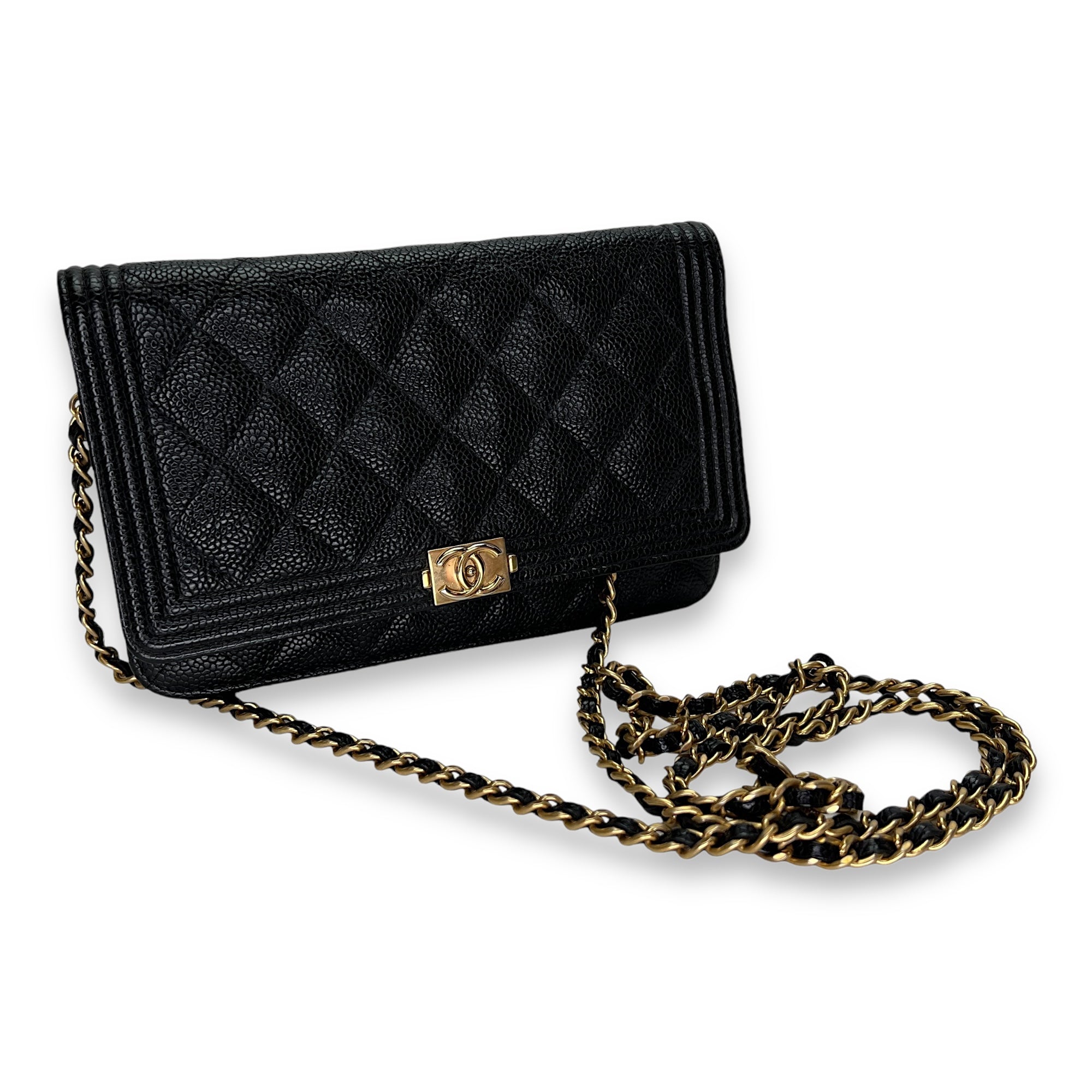 Boy Black Wallet On Chain in Caviar Leather, Gold hardware