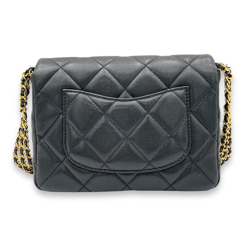 Square Quilt Black Crossbody Bag in Caviar Leather, Gold hardware