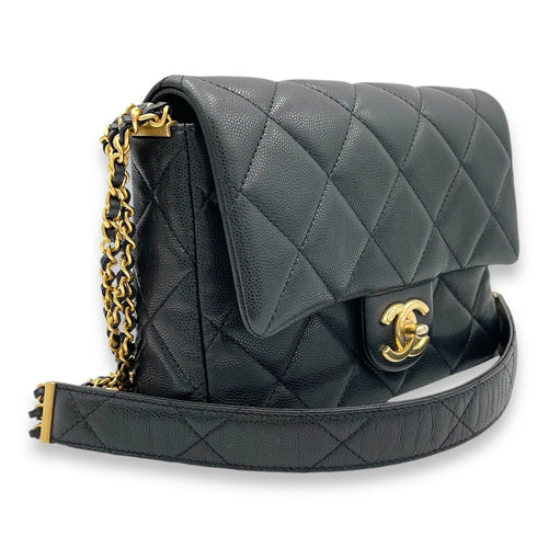 Square Quilt Black Crossbody Bag in Caviar Leather, Gold hardware