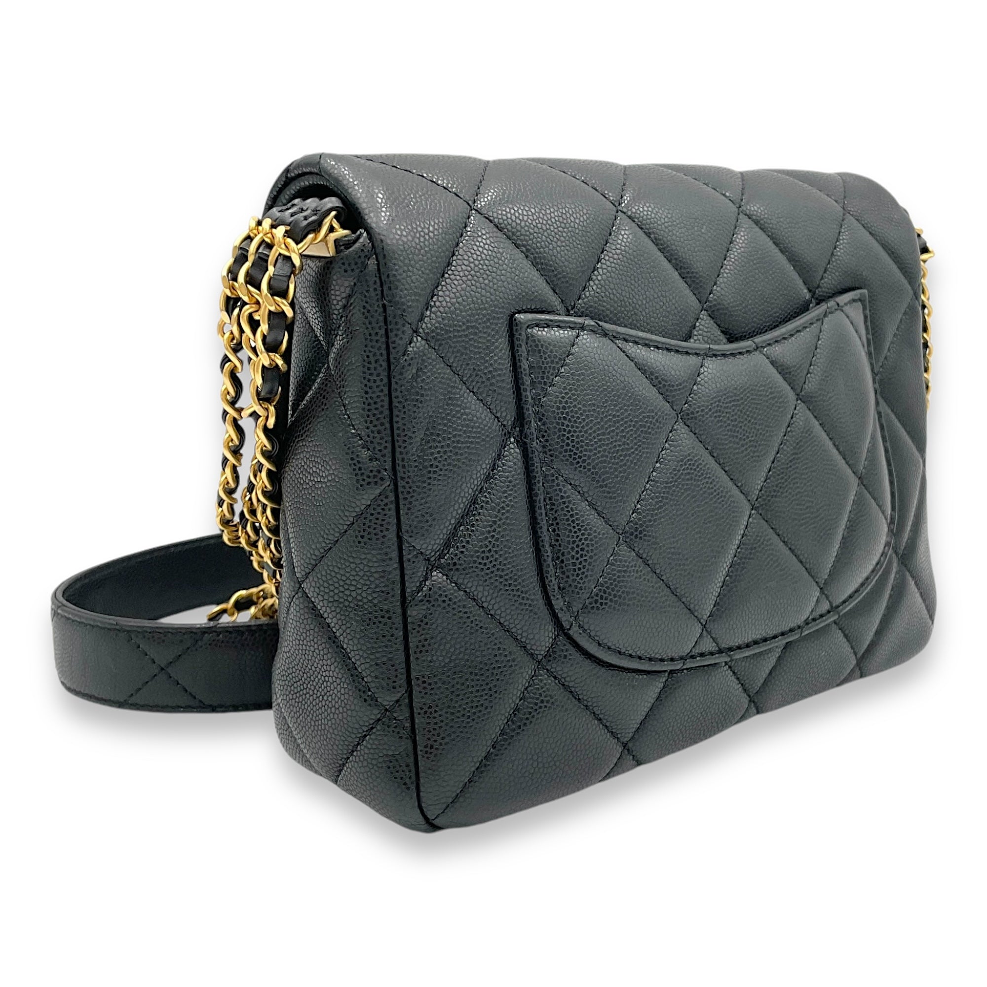 Square Quilt Black Crossbody Bag in Caviar Leather, Gold hardware