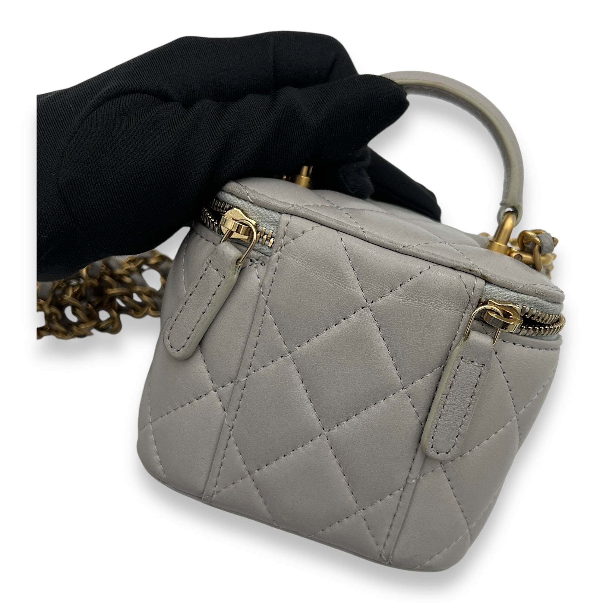 Classic Mini Grey Vanity Bag in Lambskin, Gold hardware