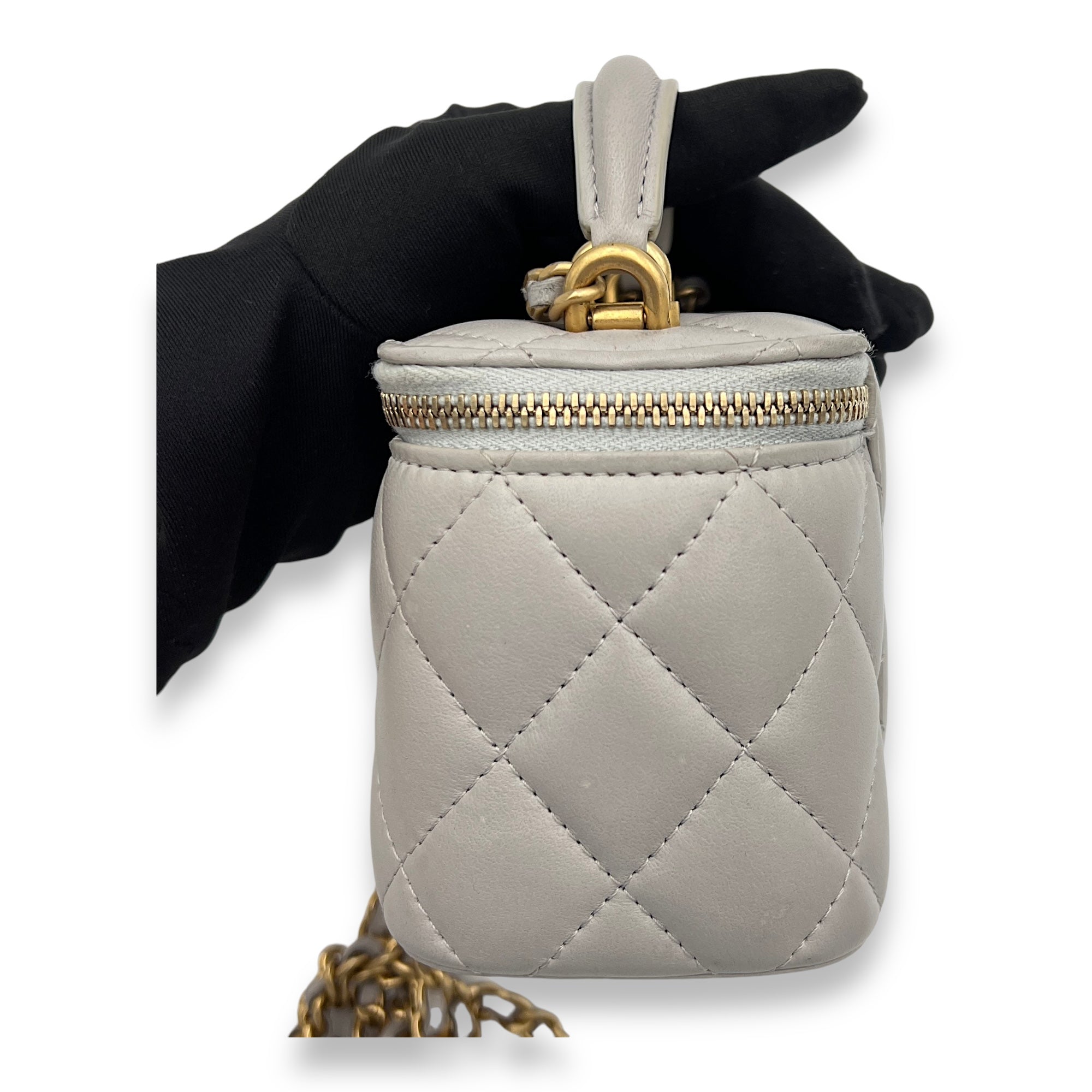 Classic Mini Grey Vanity Bag in Lambskin, Gold hardware