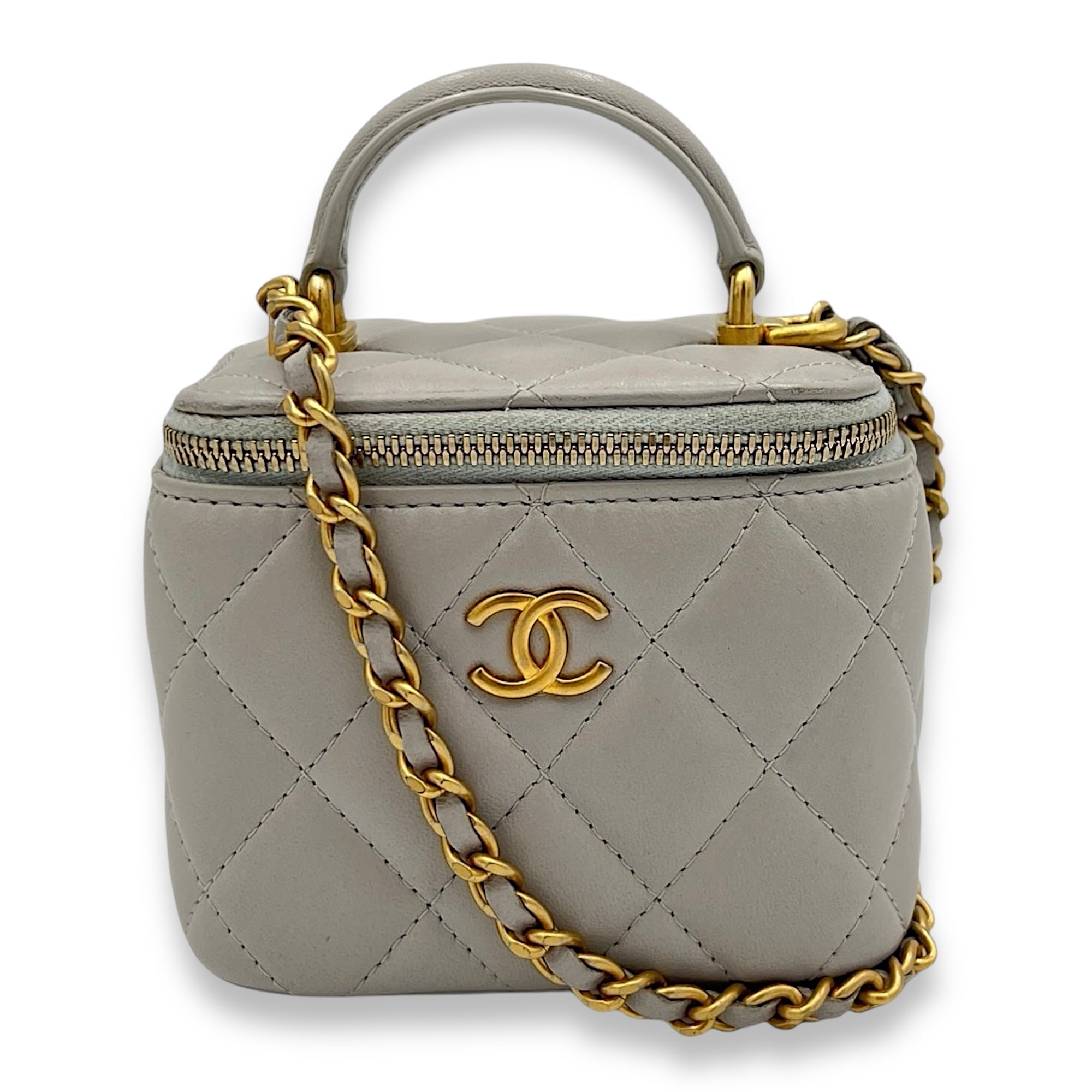 Classic Mini Grey Vanity Bag in Lambskin, Gold hardware