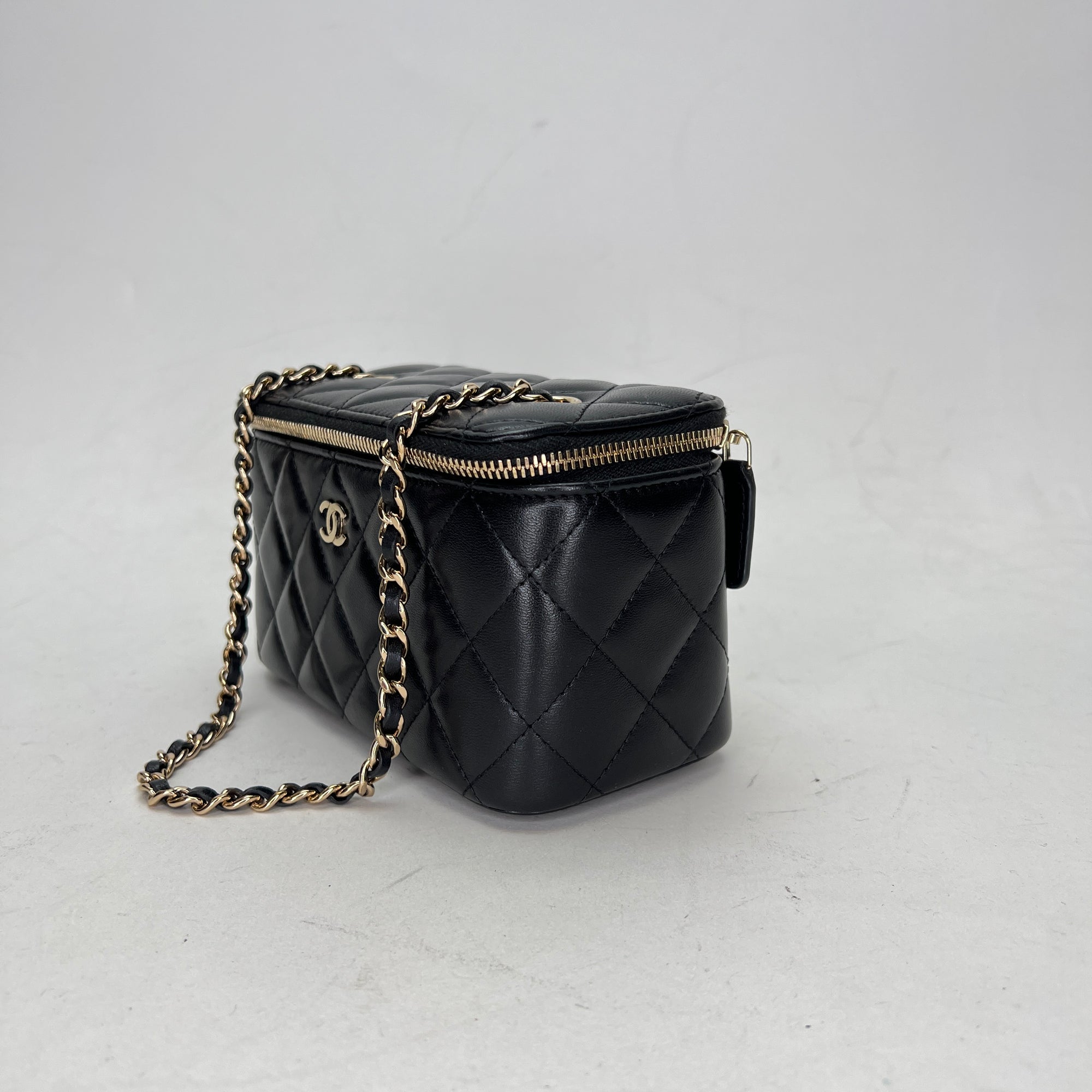 Quilted Black Vanity Bag in Lambskin, Light Gold hardware