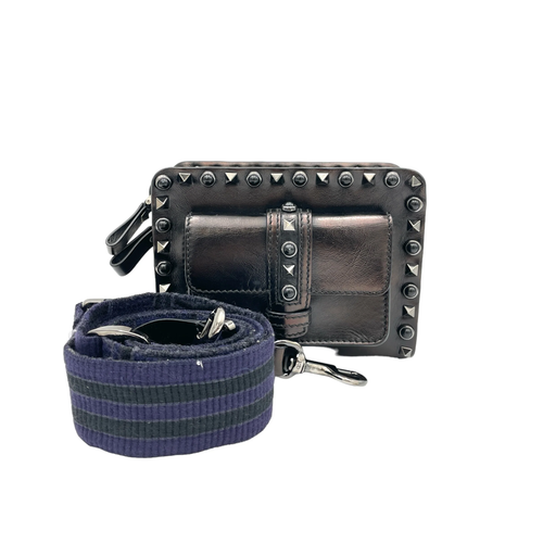 Rolling Rockstud Black Crossbody Bag in Calfskin, Gunmetal hardware