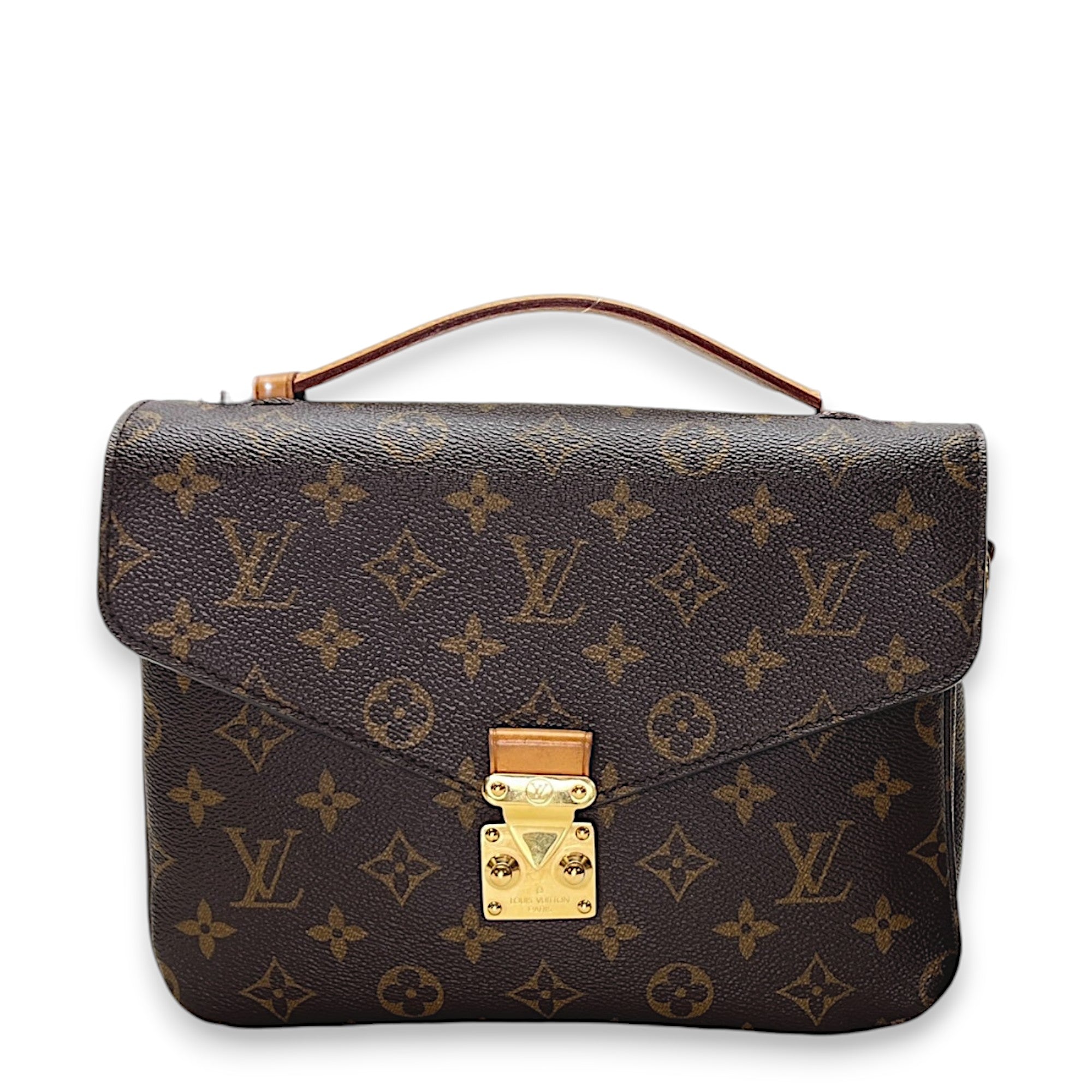 Metis Pochette  Brown Top Handle Bag in Monogram Coated Canvas, Gold hardware