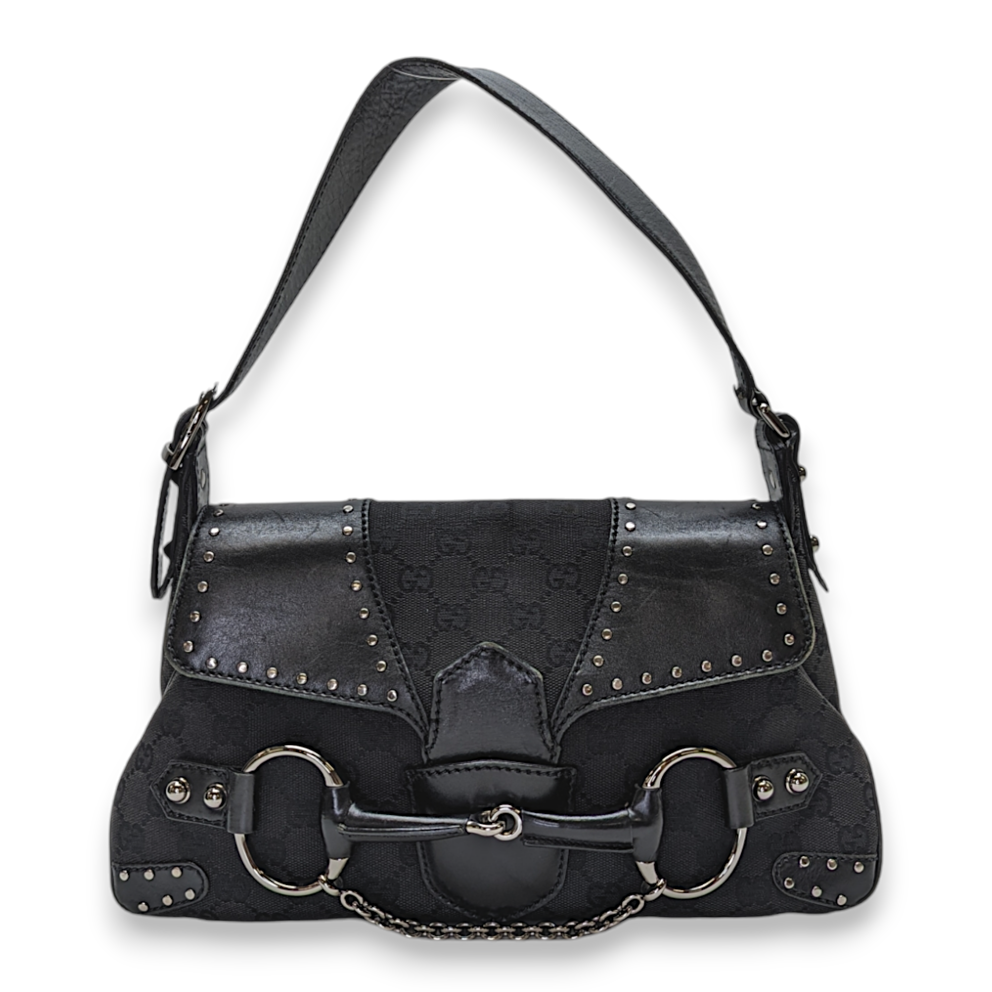 Horsebit Black Shoulder Bag in Canvas, Silver hardware