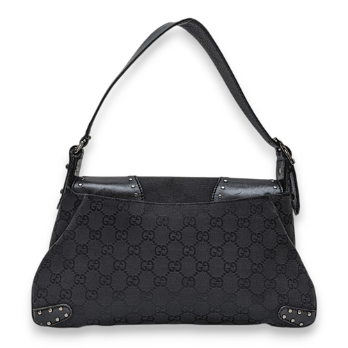 Horsebit Black Shoulder Bag in Canvas, Silver hardware