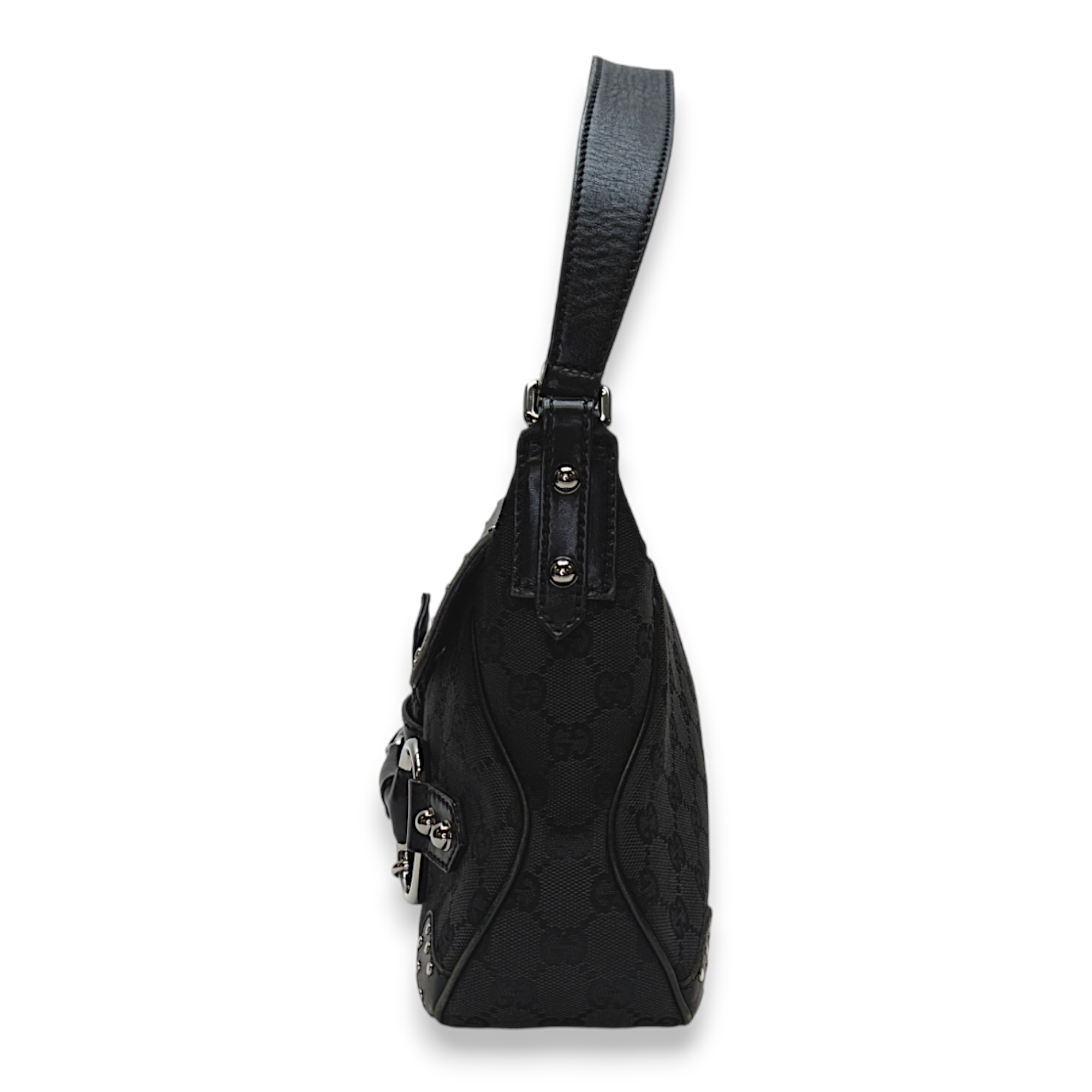 Horsebit Black Shoulder Bag in Canvas, Silver hardware