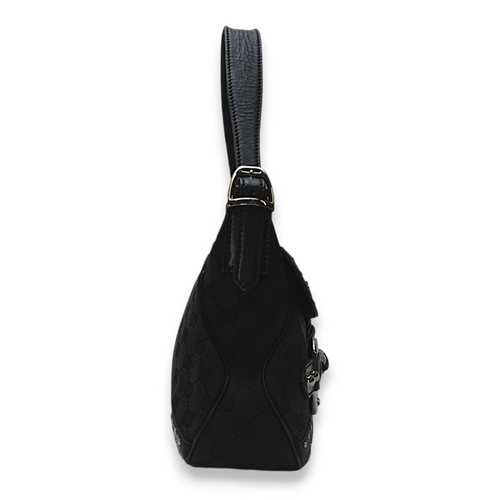 Horsebit Black Shoulder Bag in Canvas, Silver hardware