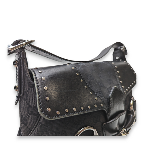 Horsebit Black Shoulder Bag in Canvas, Silver hardware