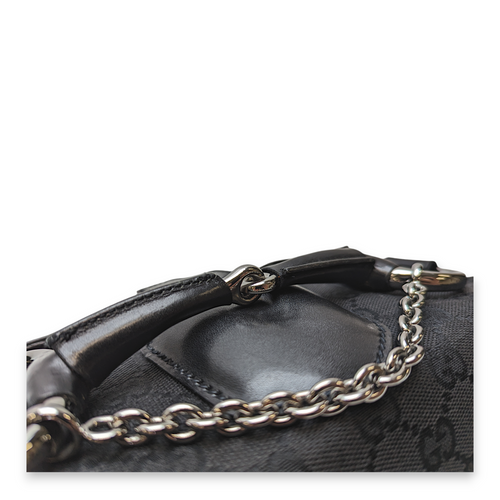 Horsebit Black Shoulder Bag in Canvas, Silver hardware