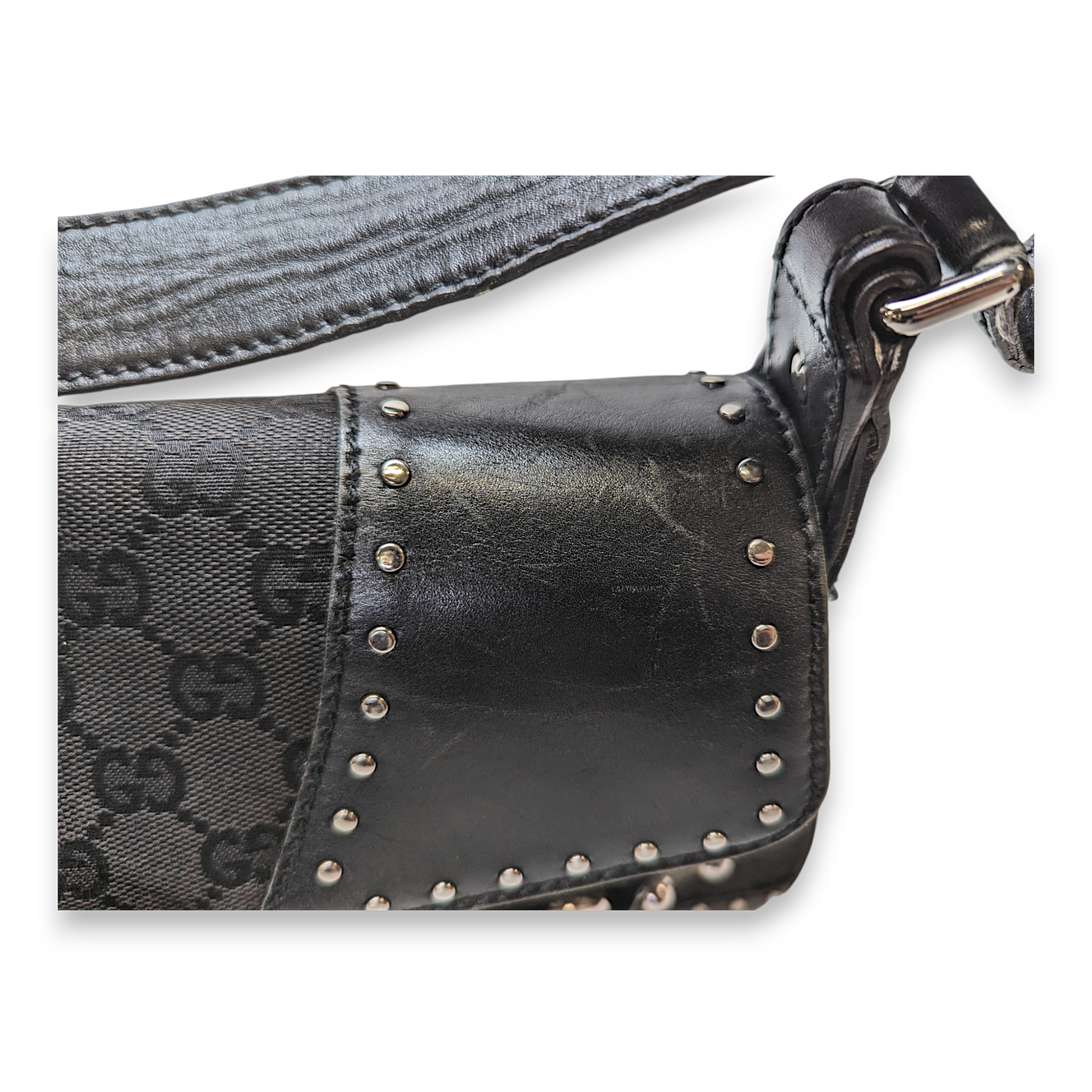 Horsebit Black Shoulder Bag in Canvas, Silver hardware