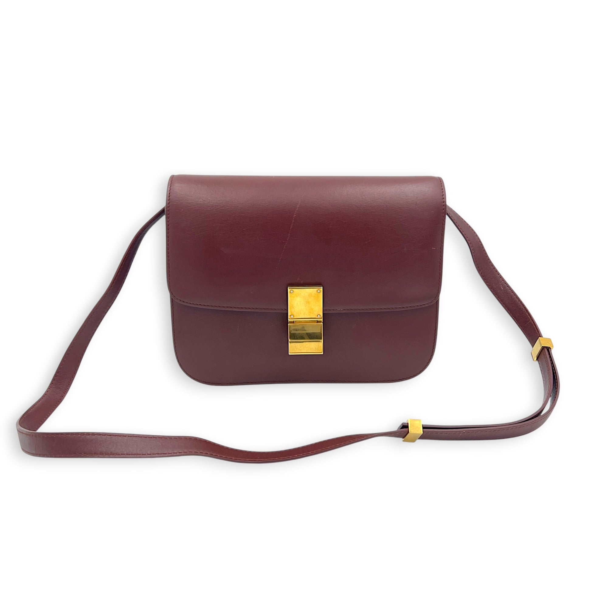 Box Medium Maroon Shoulder Bag in Calfskin, Gold hardware