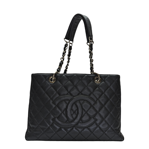 GST Grand Shopping Tote Black Shoulder Bag in Caviar Leather, Silver hardware