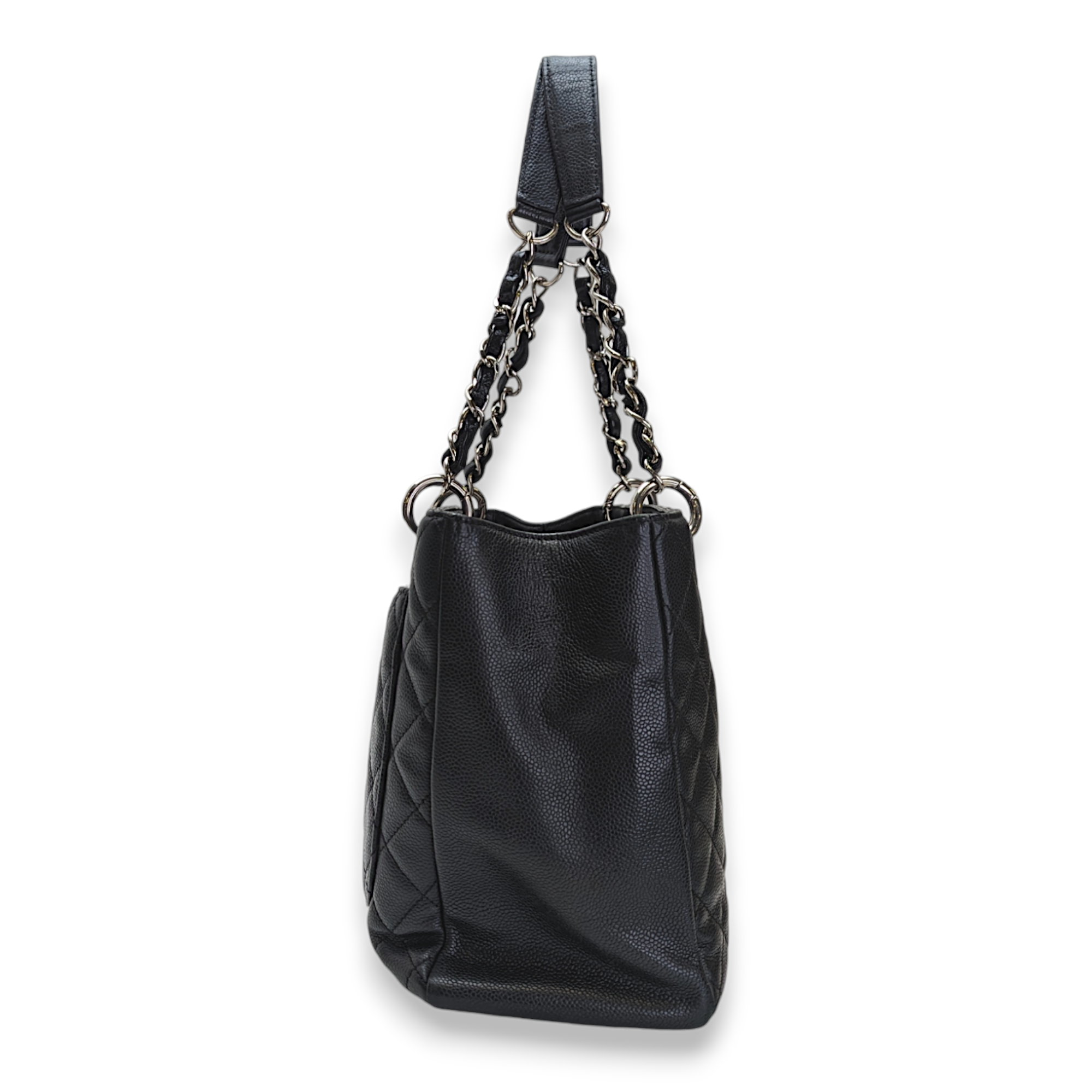 GST Grand Shopping Tote Black Shoulder Bag in Caviar Leather, Silver hardware