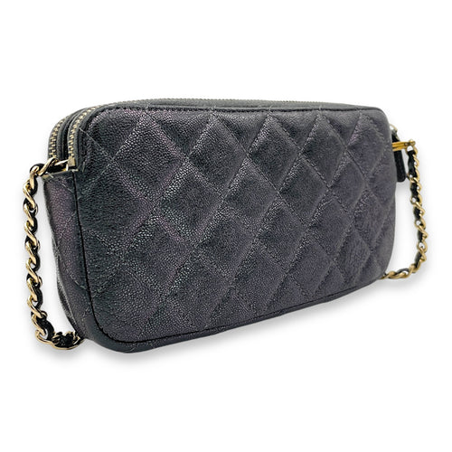 Double Zipped Clutch Iridescent  in Caviar Leather, Gold hardware