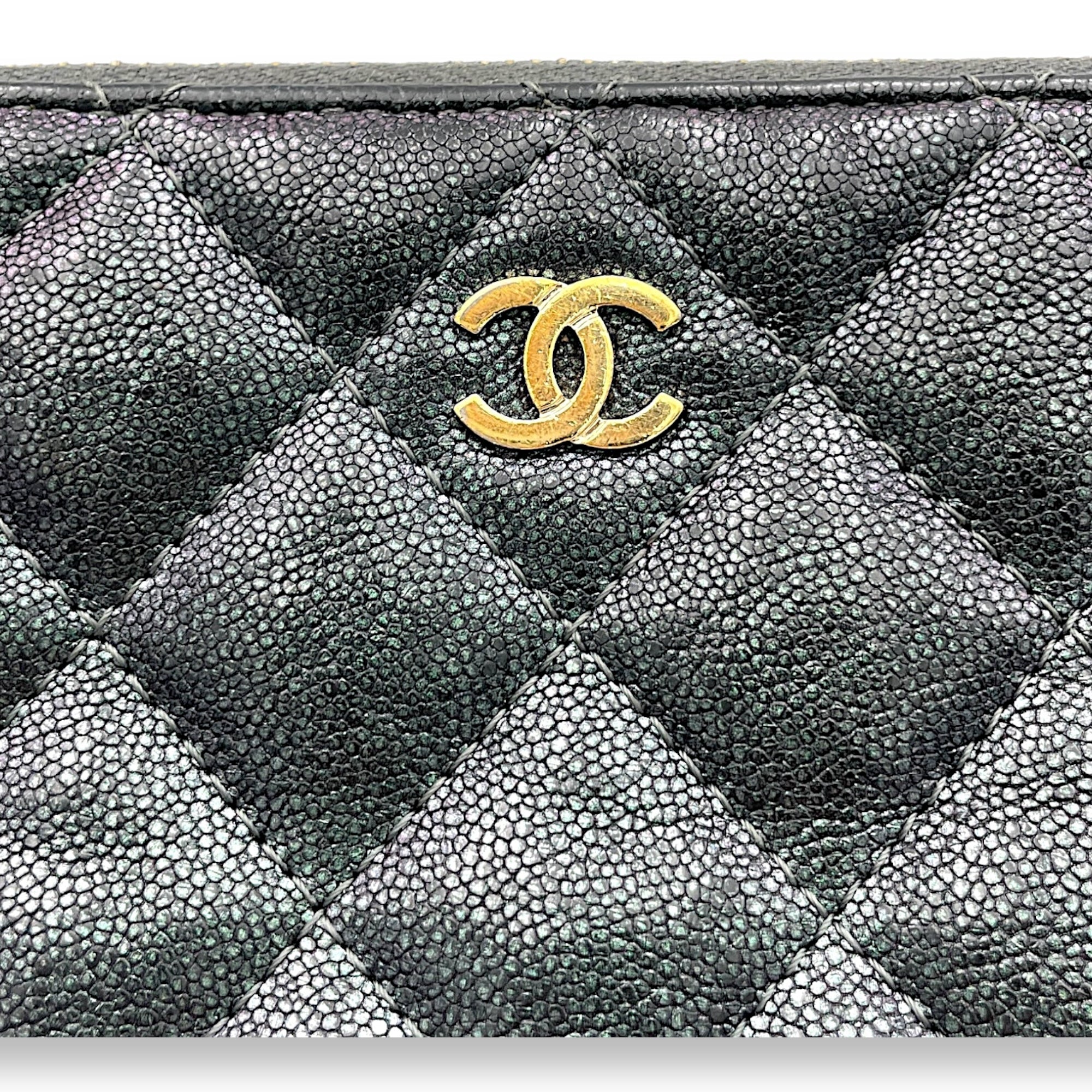 Double Zipped Clutch Iridescent  in Caviar Leather, Gold hardware