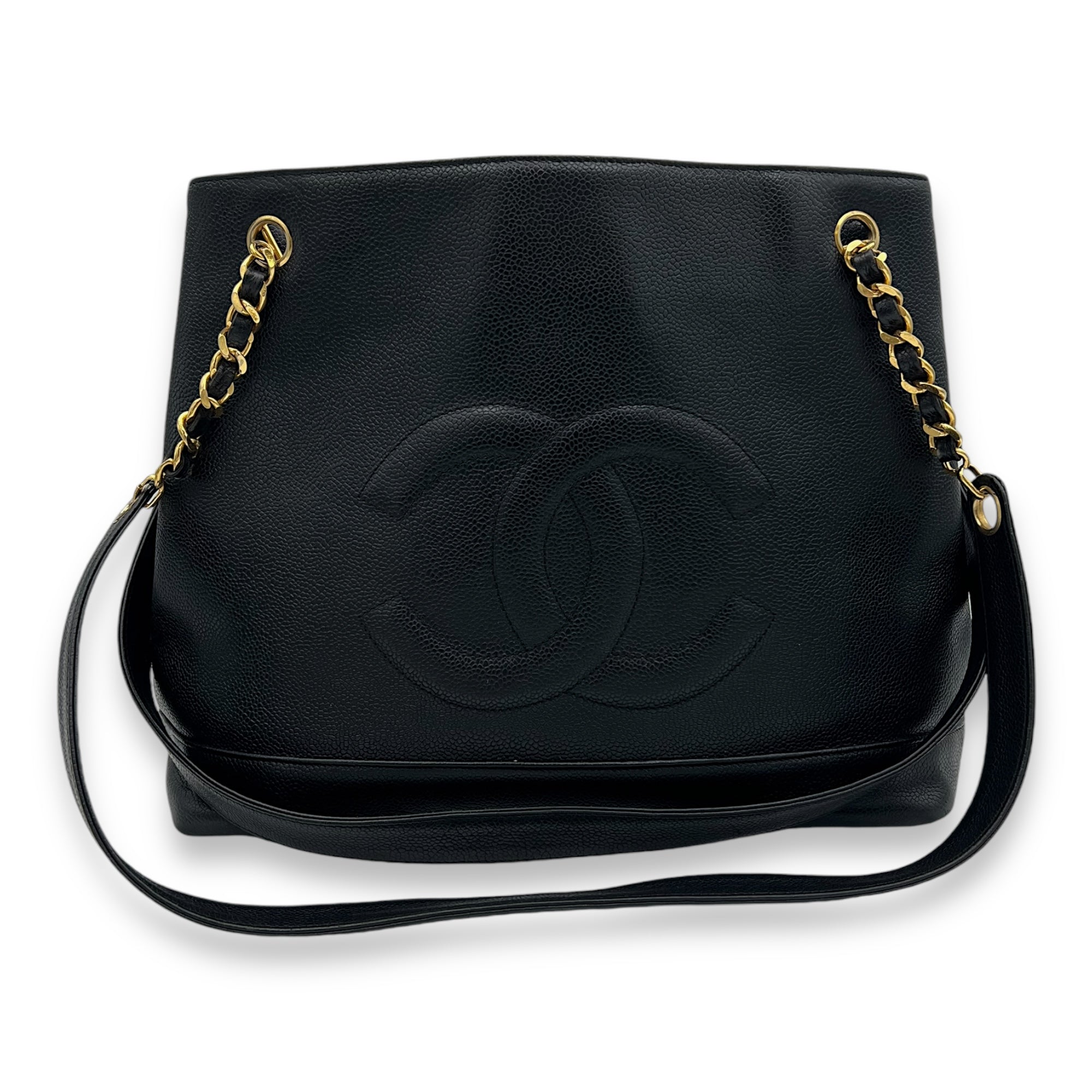 CC Vintage Black Tote Bag in Caviar Leather, Gold hardware