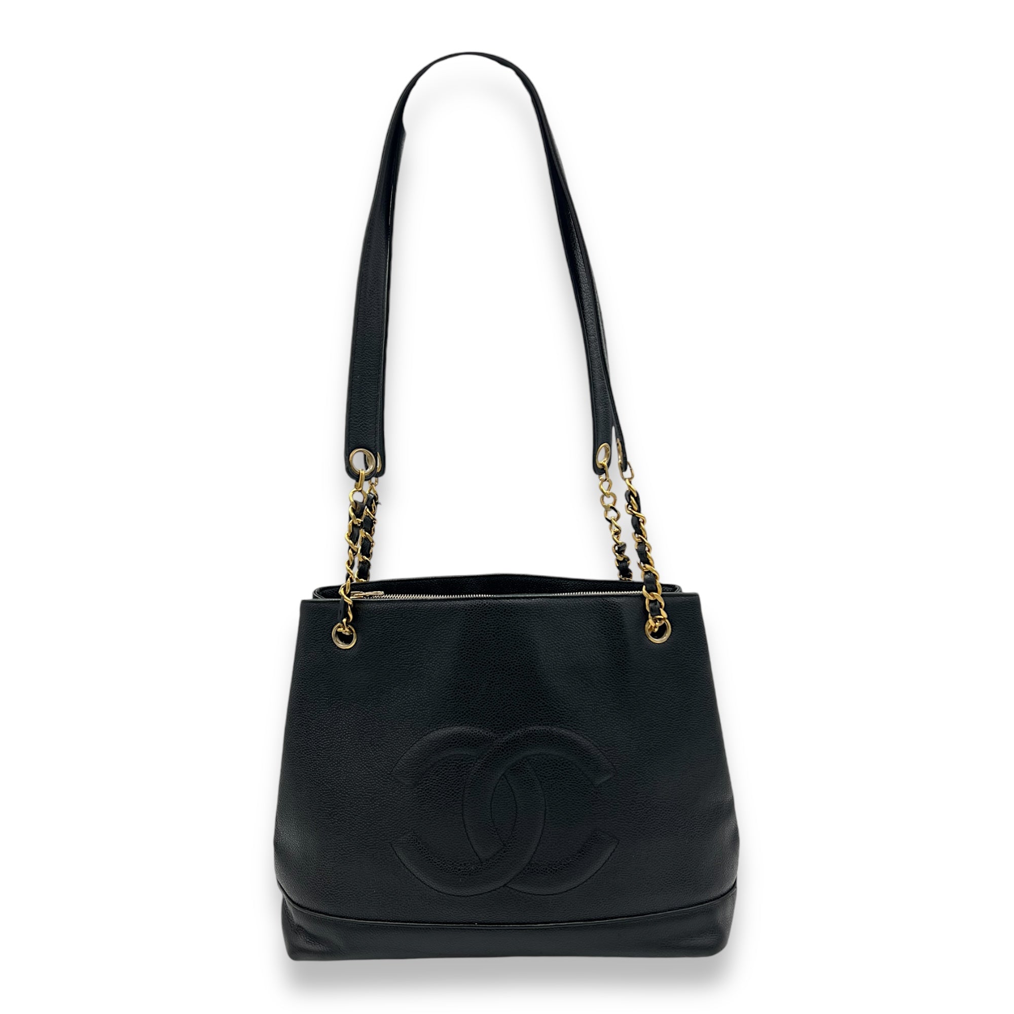 CC Vintage Black Tote Bag in Caviar Leather, Gold hardware