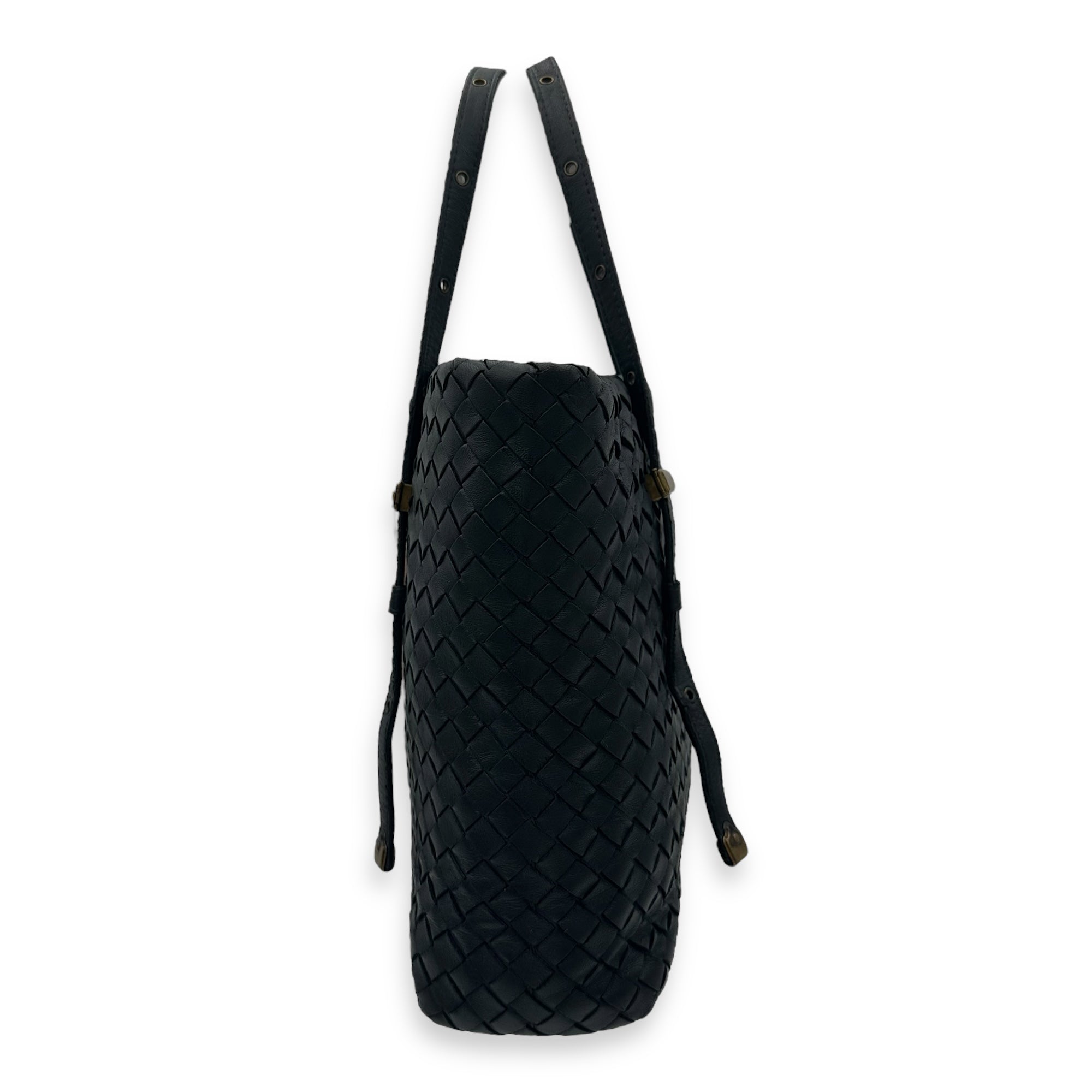 Intrecciato Tote Bag Black in Calfskin, Gold hardware