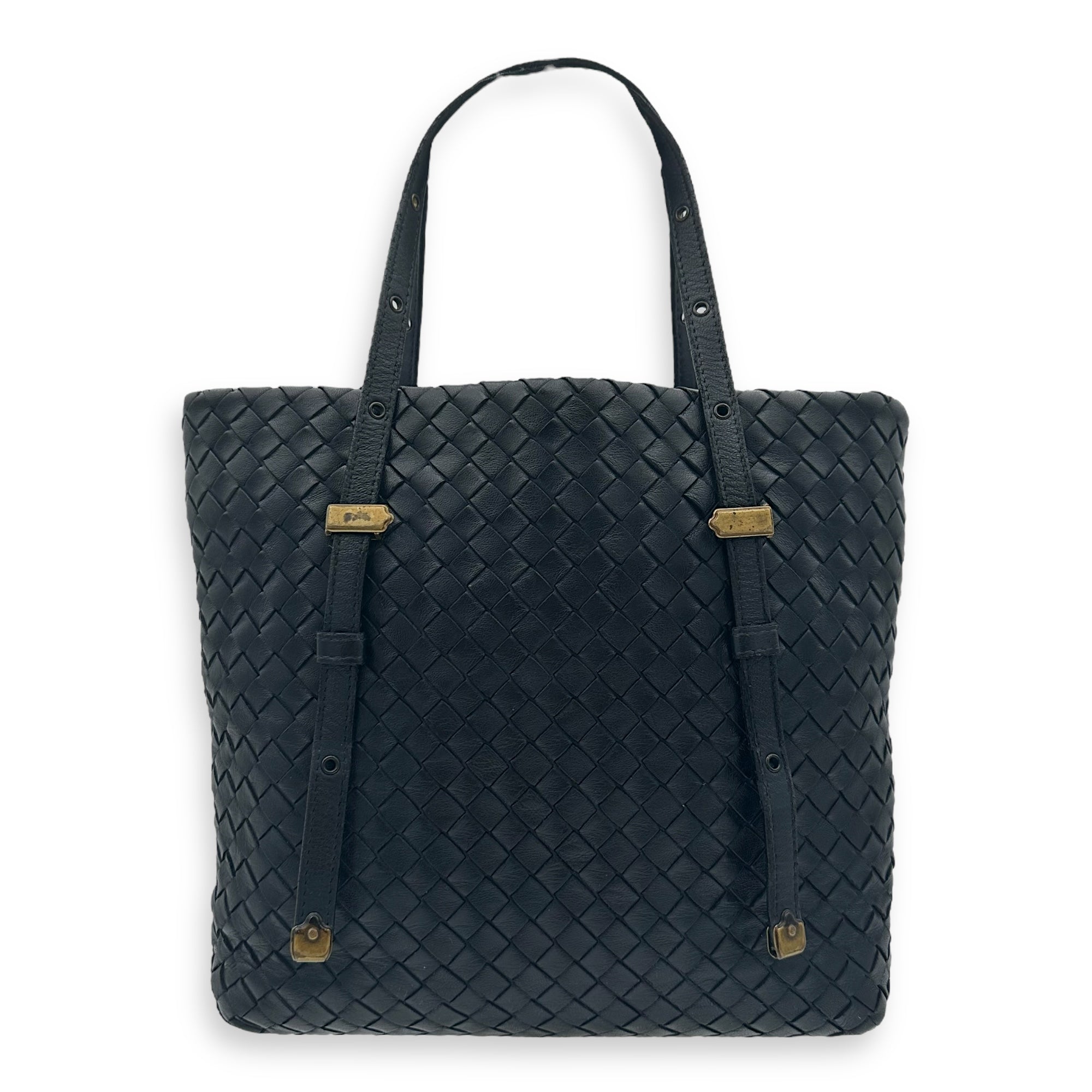 Intrecciato Tote Bag Black in Calfskin, Gold hardware