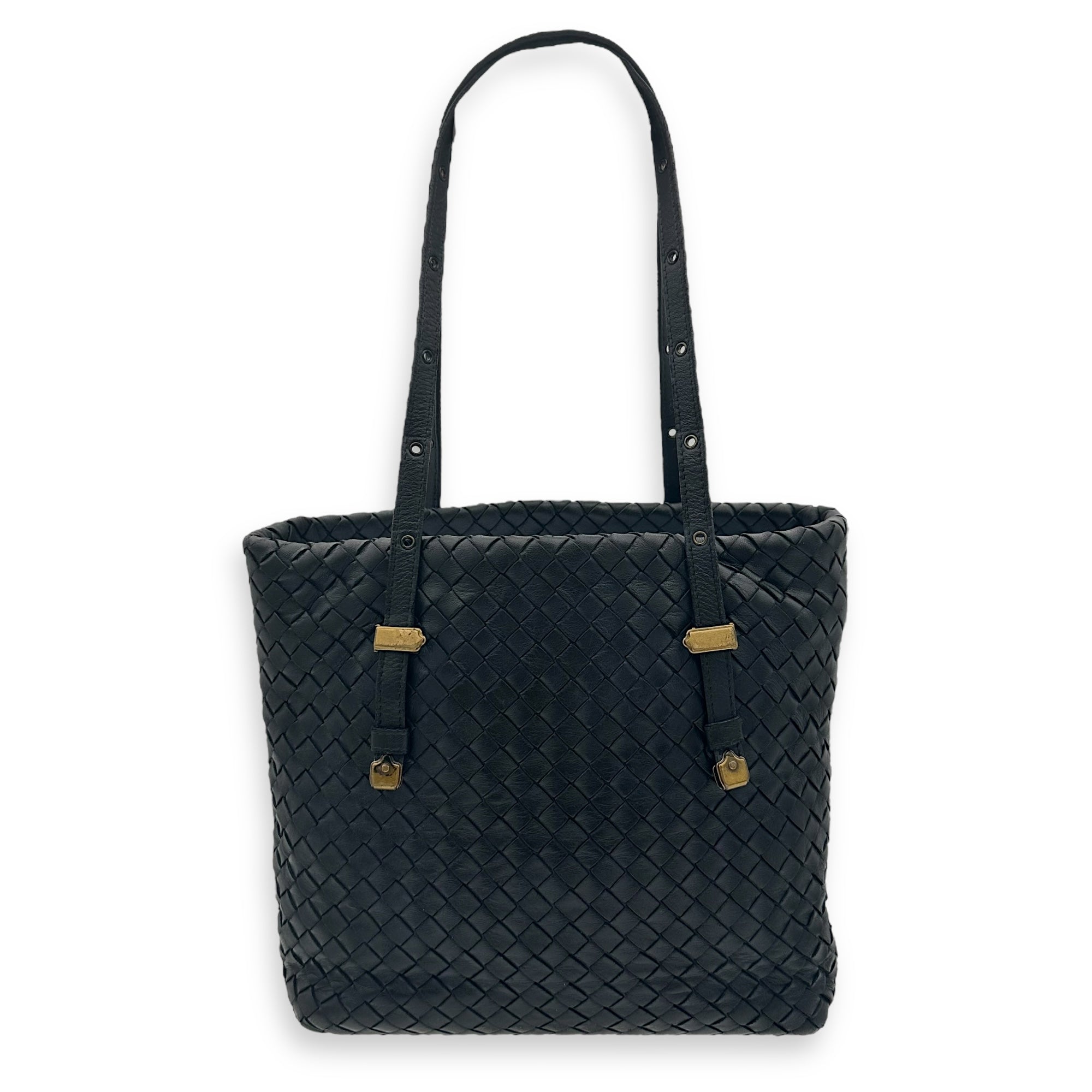 Intrecciato Tote Bag Black in Calfskin, Gold hardware