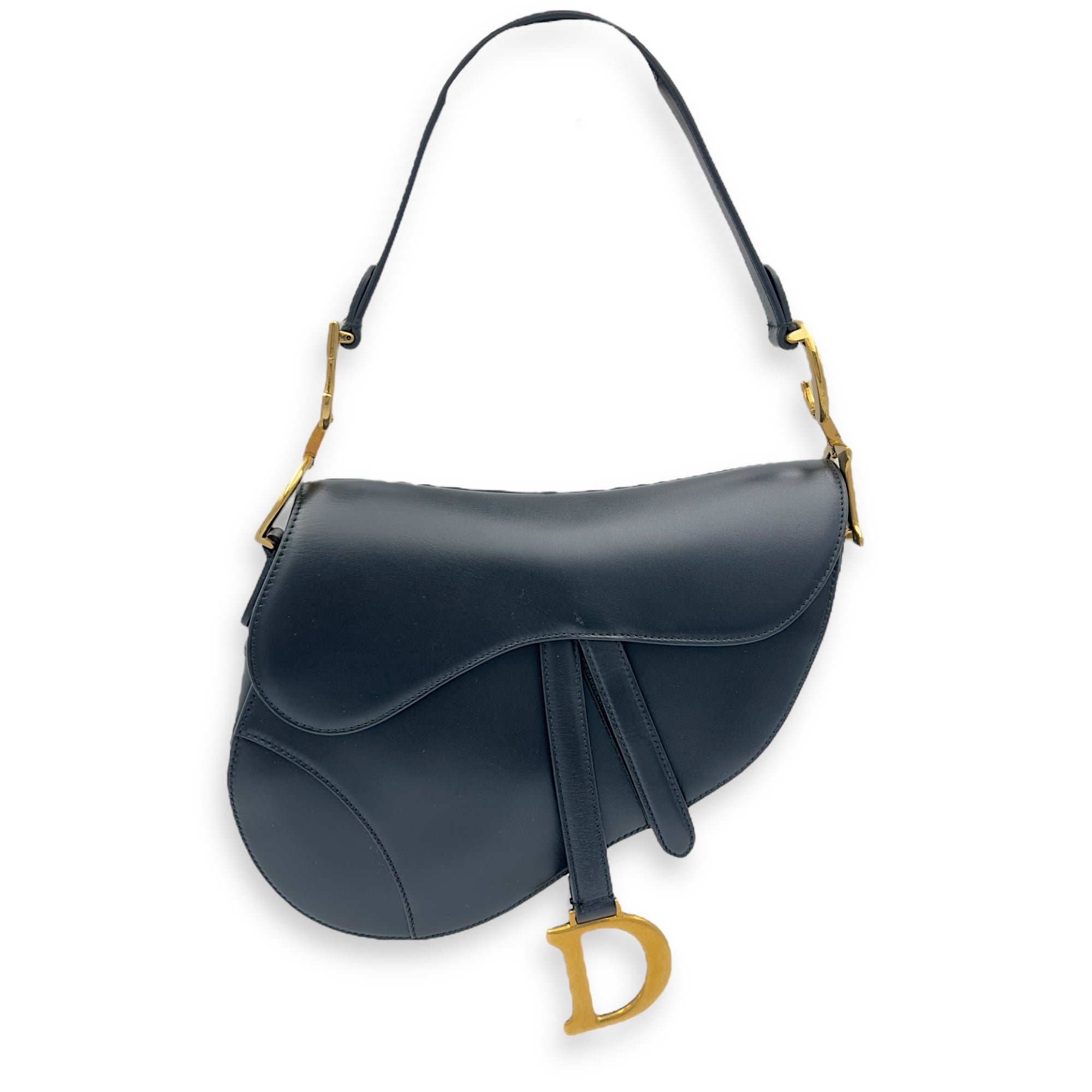 Saddle Medium Black Top Handle Bag in Calfskin, Gold hardware