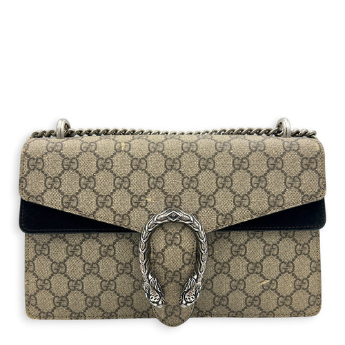 Dionysus Small Black Shoulder Bag in Coated Canvas, Silver hardware