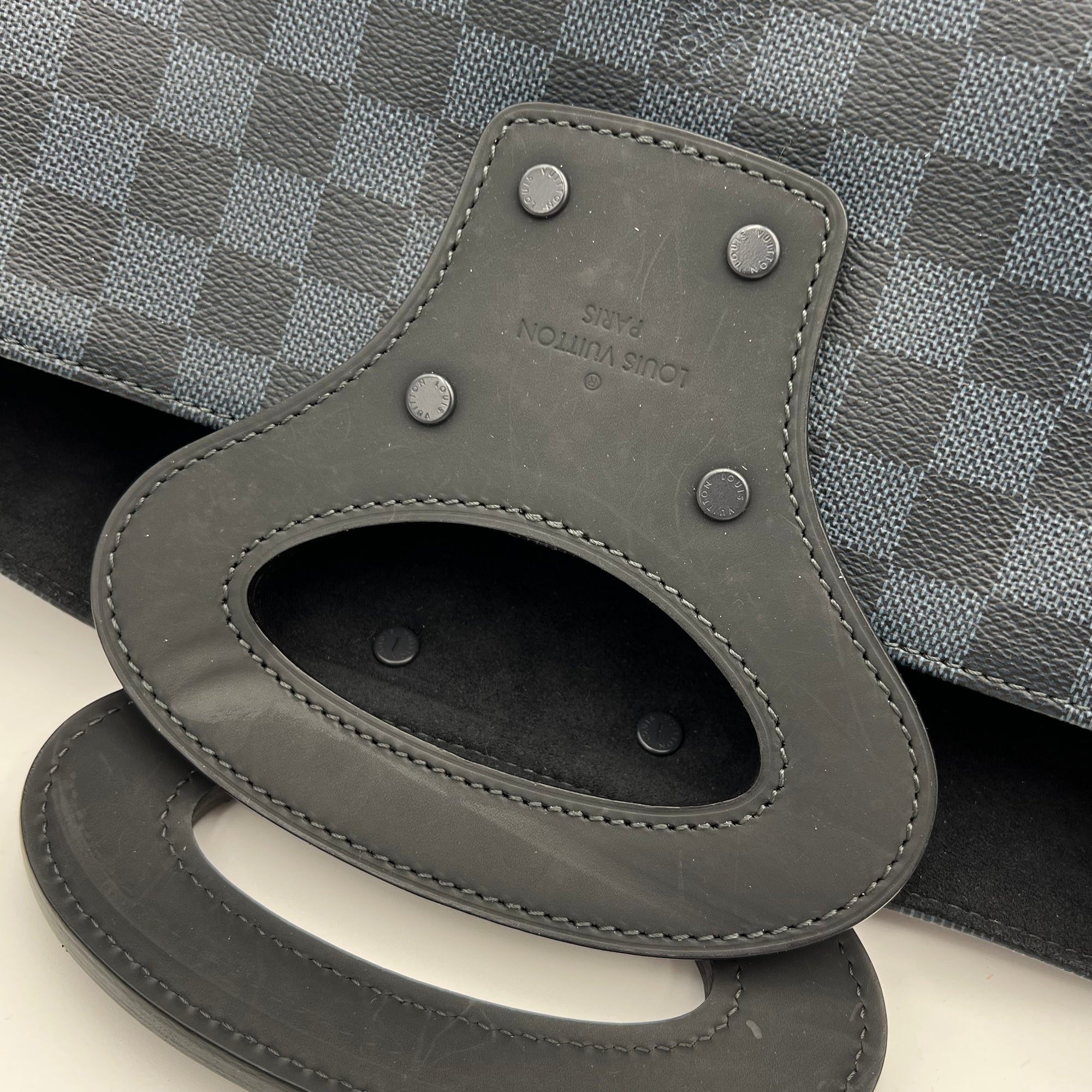 North South Tote Damier Top Handle Bag Blue in Coated Canvas, black hardware