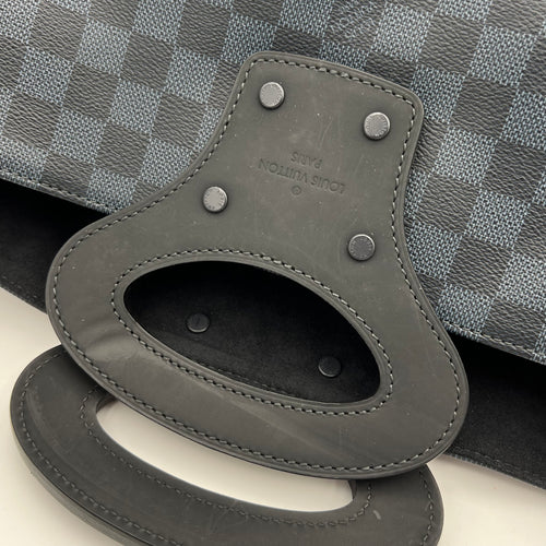 North South Tote Damier Top Handle Bag Blue in Coated Canvas, black hardware